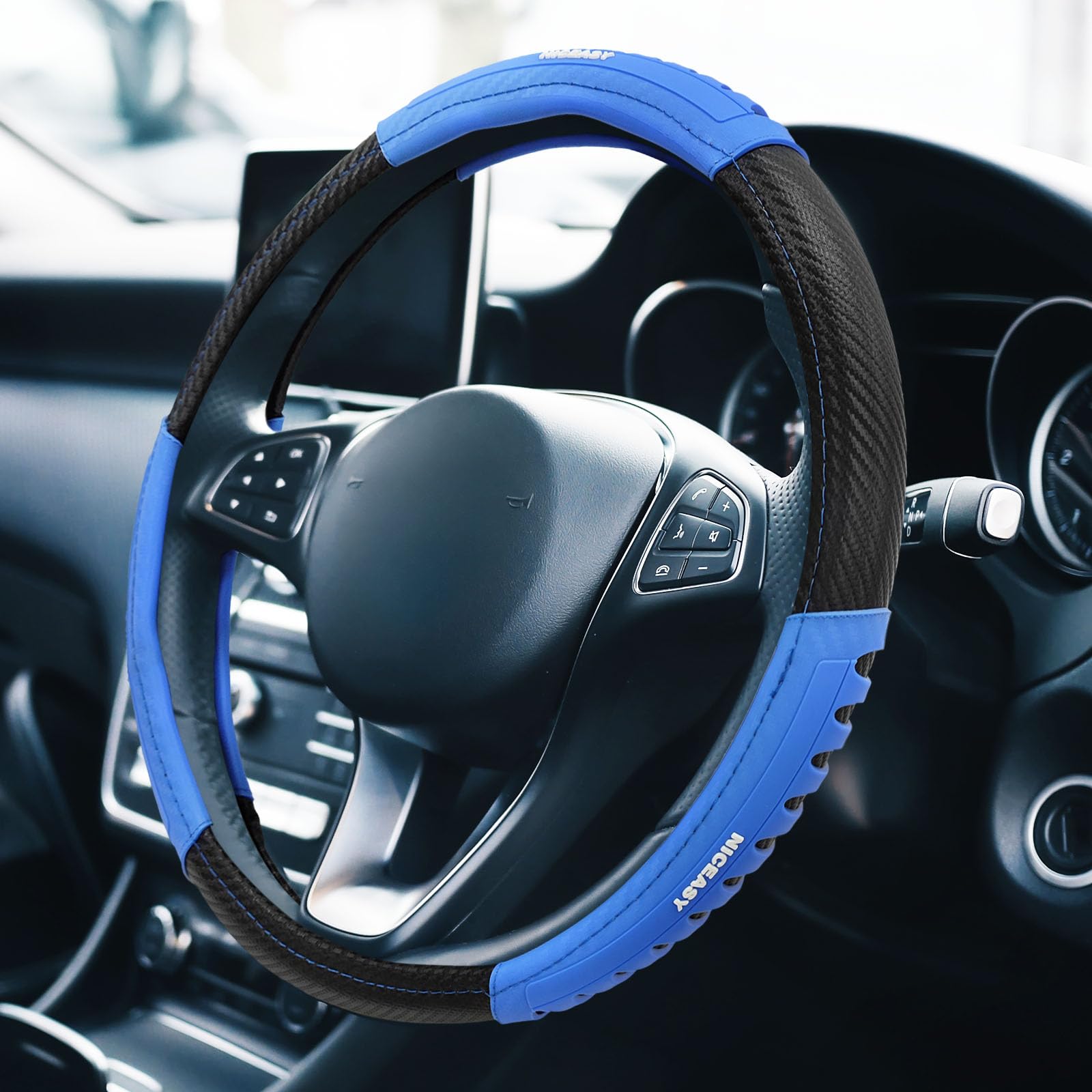 Niceasy Sport Style Black Carbon-Fiber Steering Wheel Cover With Blue Strip Grip Steering Wheel Accessory,Universal Fit 14.5-15.25 Inch Steering Wheel
