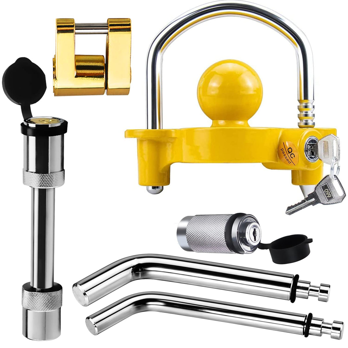 Trailer Hitch Security Lock Set Including Yellow U-Shaped Universal Ball Hitch Lock #72783, 1/2'' And 5/8'' Receiver Hitch Pin L
