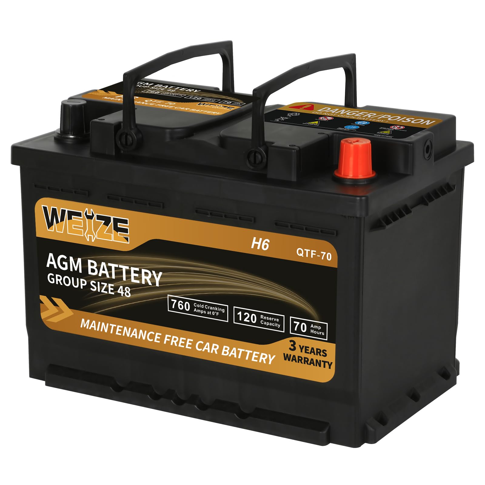 Weize Platinum Agm Battery Bci Group 48-12V 70Ah H6 Size 48 Automotive Battery, 120Rc, 760Cca, 36 Months Warranty, Dimensions 10
