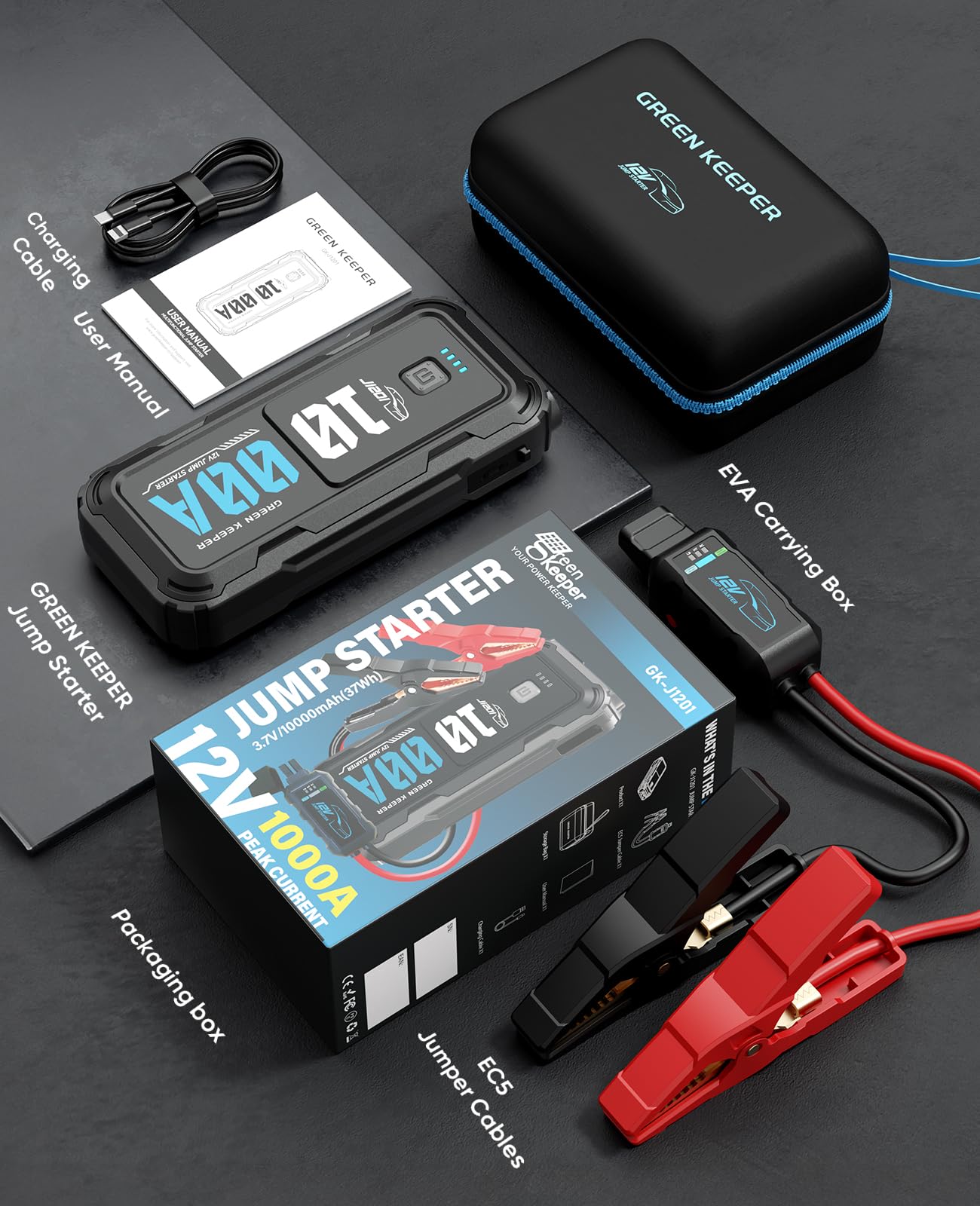 Portable Car Battery Jumper Starter 1000A Jump Box With Power Bank Led Light Protection Case For Car Emergency Kit, 12V Booster