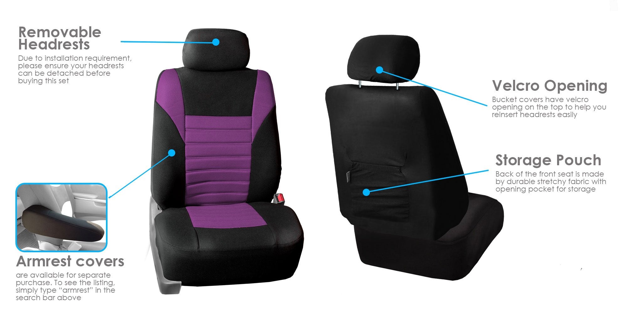 Fh Group Automotive Car Seat Covers Full Set Premium 3D Air Mesh Purple And Black Seat Covers, Airbag Compatible And Split Bench