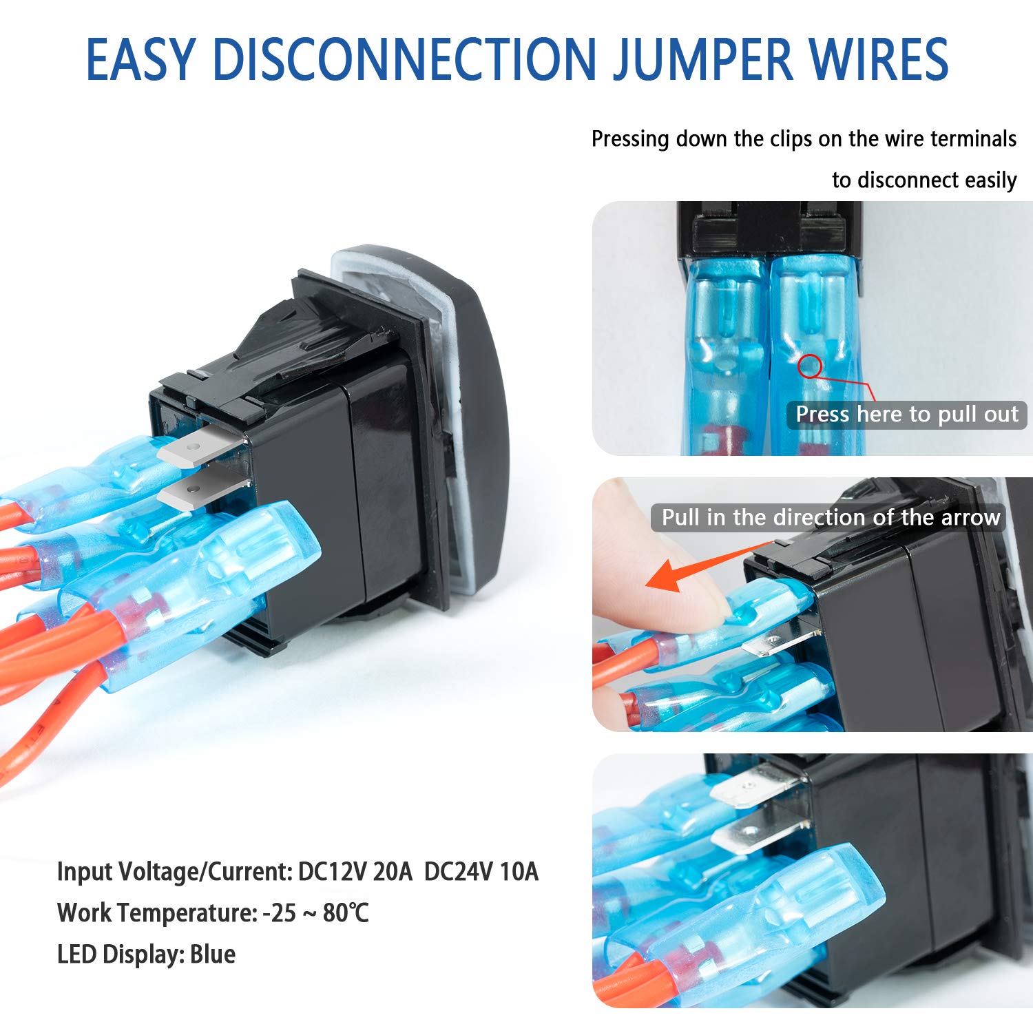 Lighted Whip Rocker Switch 5Pin Laser On/Off Blue Led Light 20A/12V 10A/24V Toggle Switch With Jumper Wires Set For Automotive B