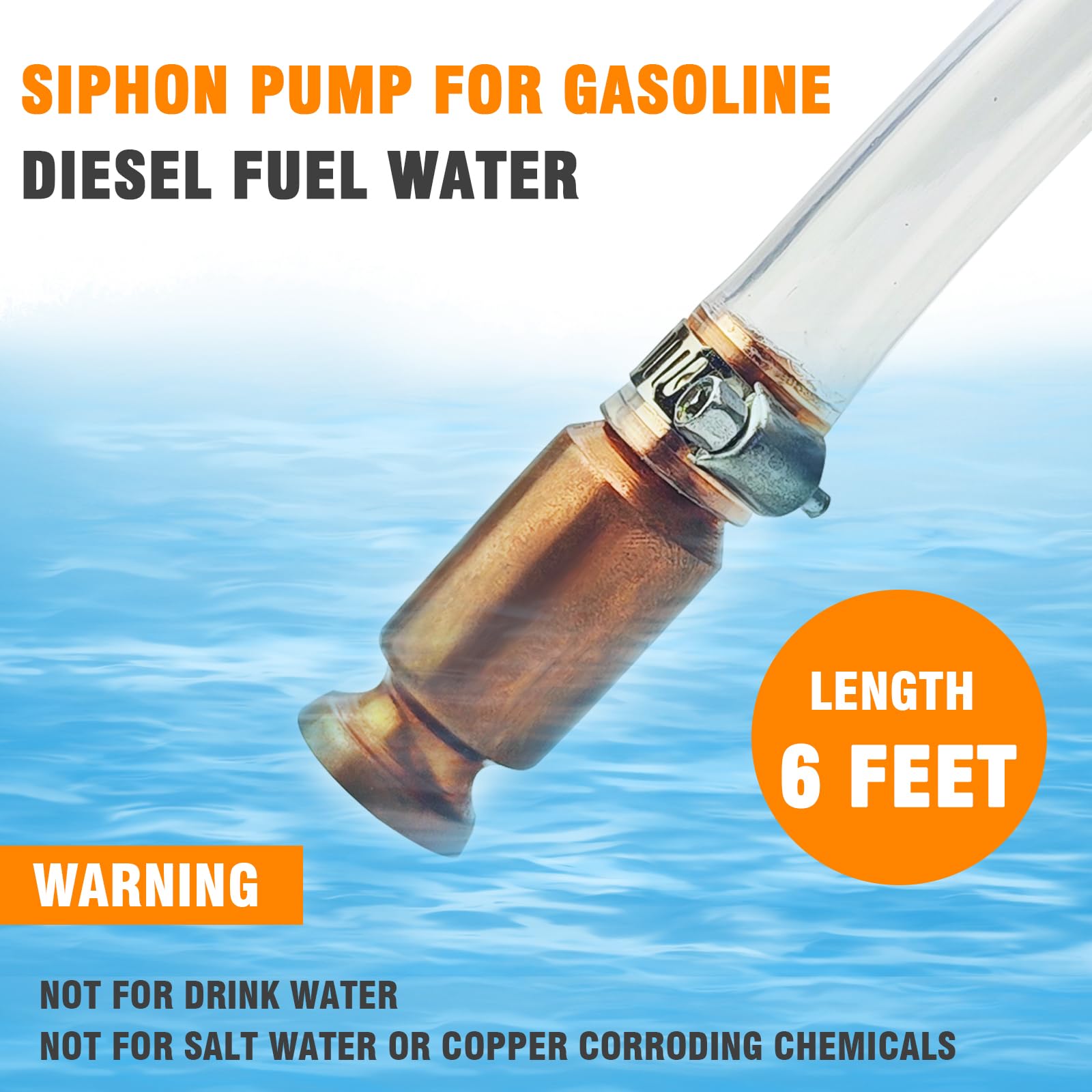 Sporthfish Gas Siphon Pump 1/2'' Copper Valve 6FT Syphon Hose for Water Gasoline Fuel & Other Liquid Safety Self Priming Shaker