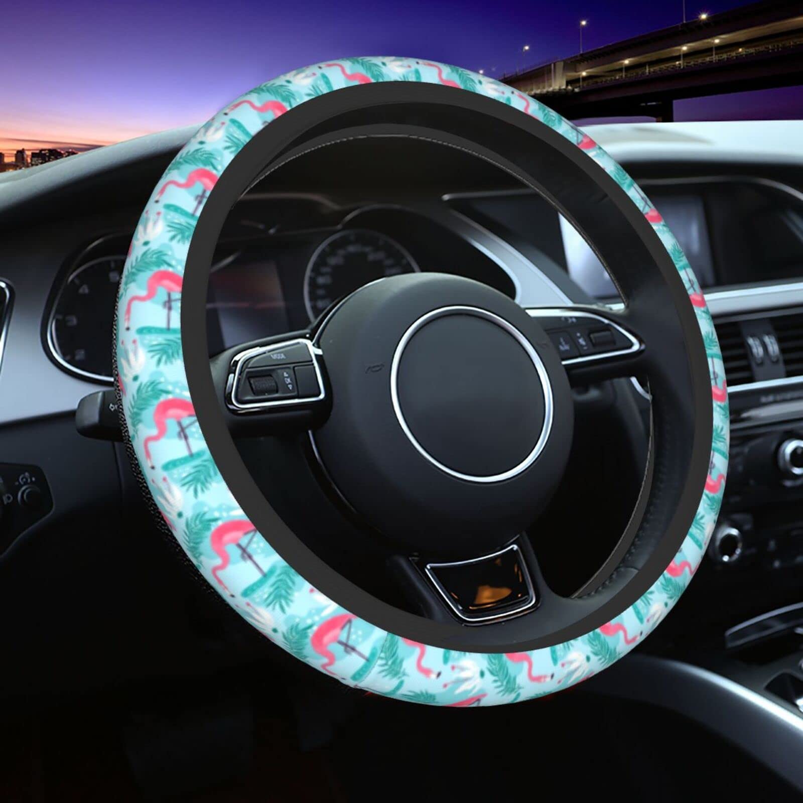 Flamingo Gifts for Women Steering Wheel Cover for Women Men with 2 Pcs Car Coasters, Universal 14.5-15 Inch Rainbow Steering Whe