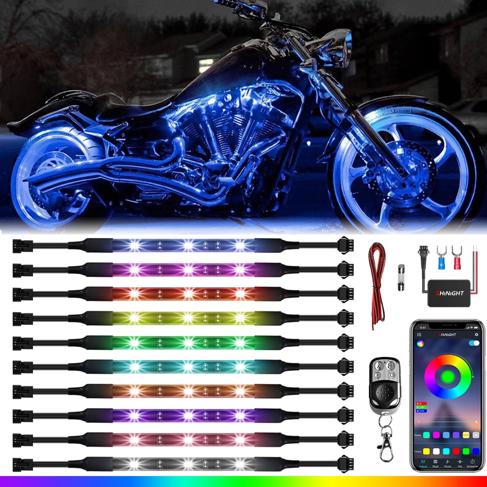 Shinight 10 Pcs Motorcycle Led Light Kits, App Control Multicolor Waterproof Strip Lights With Rf Remote, Music Sync & Multiple Scene Modes Rgb For Motorcycles