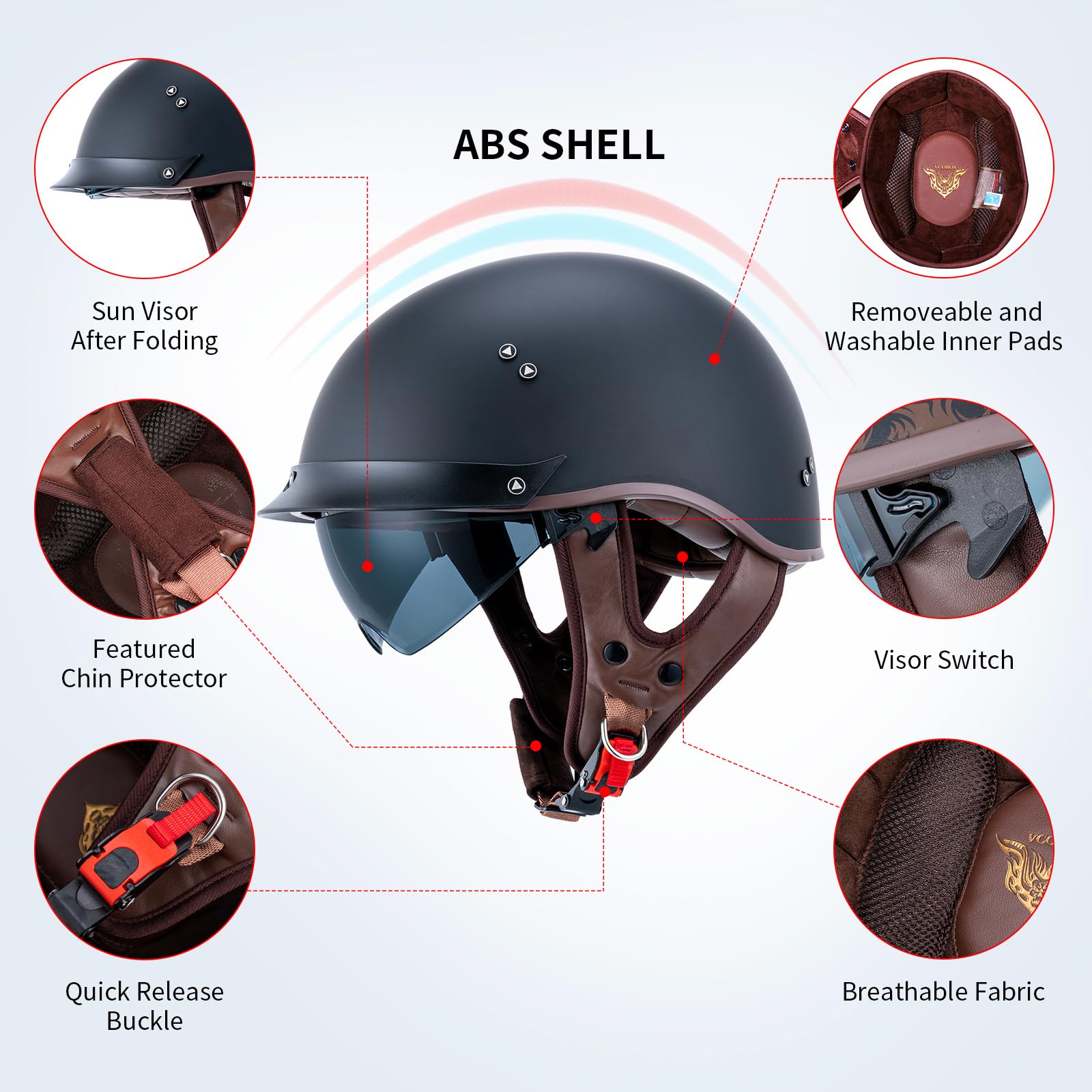 Half Motorcycle Helmets Open Face Sun Visor Quick Release Buckle Dot Approved Cruiser Pilot Helmets For Adults Men Women(F07A Matte Black,L)