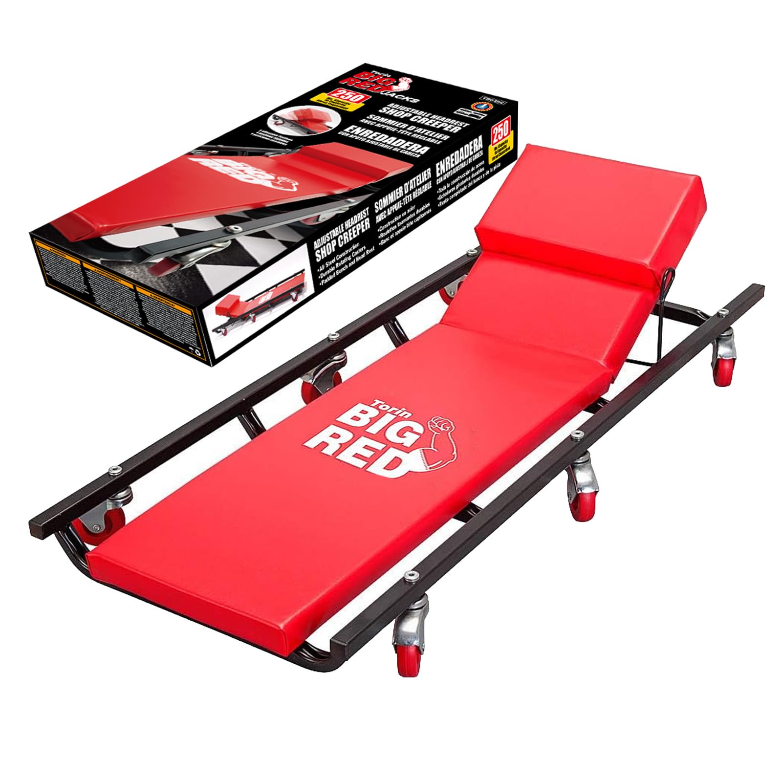 BIG RED TR6452 Torin Rolling Garage/Shop Creeper: 40 Padded Mechanic Cart with Adjustable Headrest and 6 Casters, Red