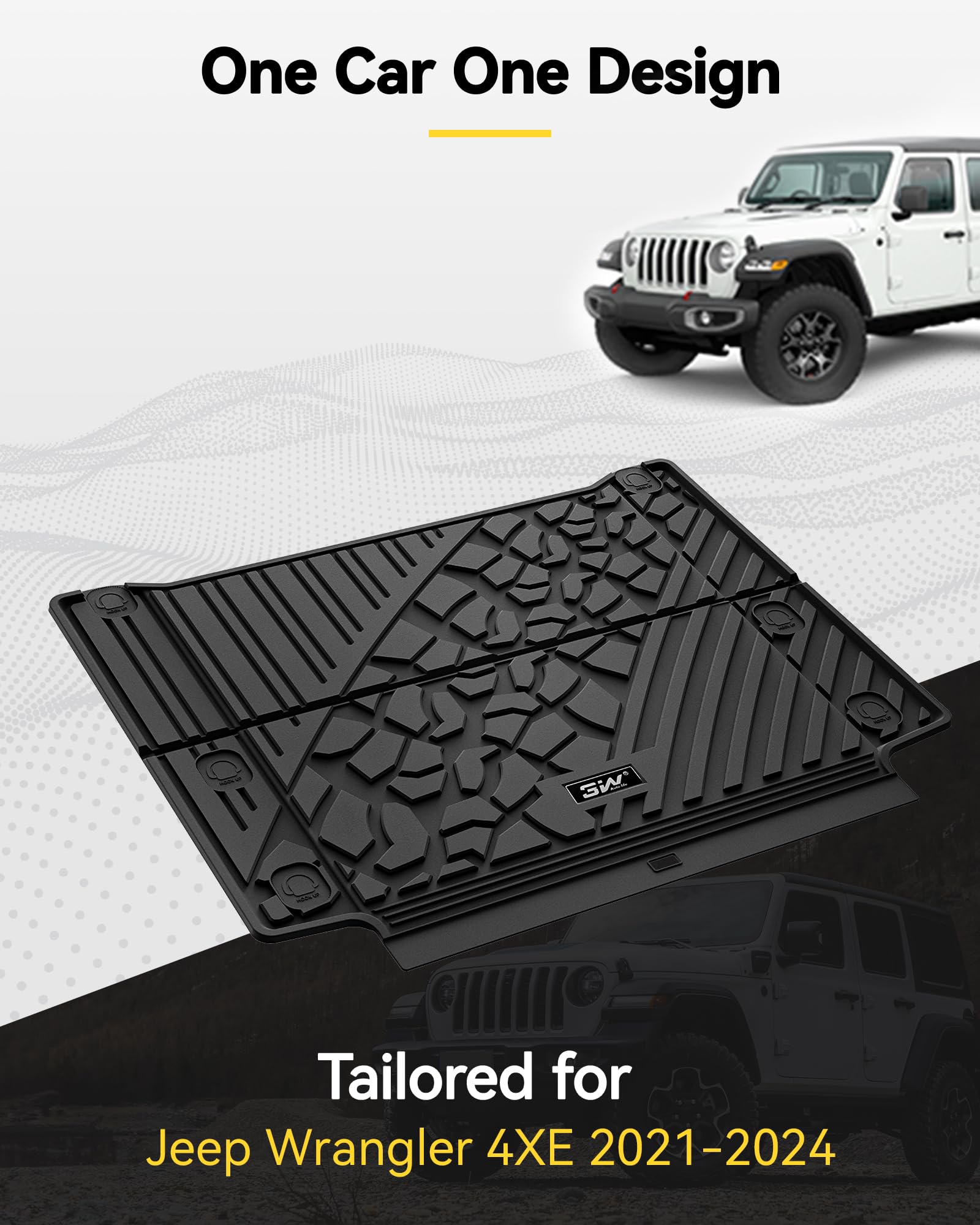 3W Cargo Liner Custom Fit For Jeep Wrangler 4Xe 2021 2022 2023 2024 2025 Hybrid 4 Door (Non Jl Or Jk), All Weather Waterproof Tp