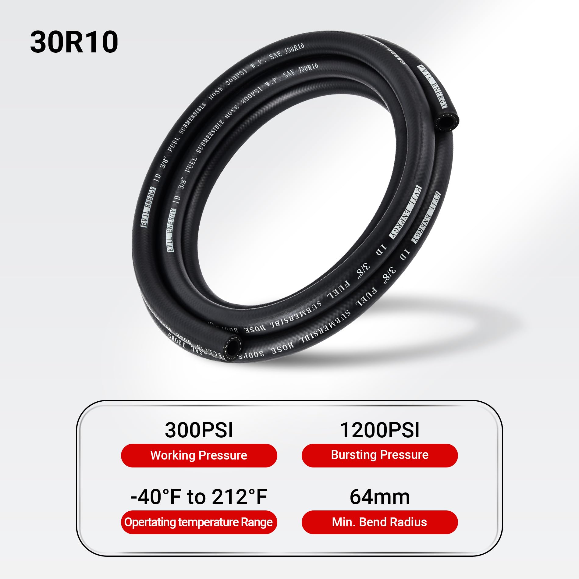 Evil Energy 5/16'' Submersible Fuel Hose E85 In Tank Line Sae 30R10 For Automotive Fuel Systems 10Ft 300Psi