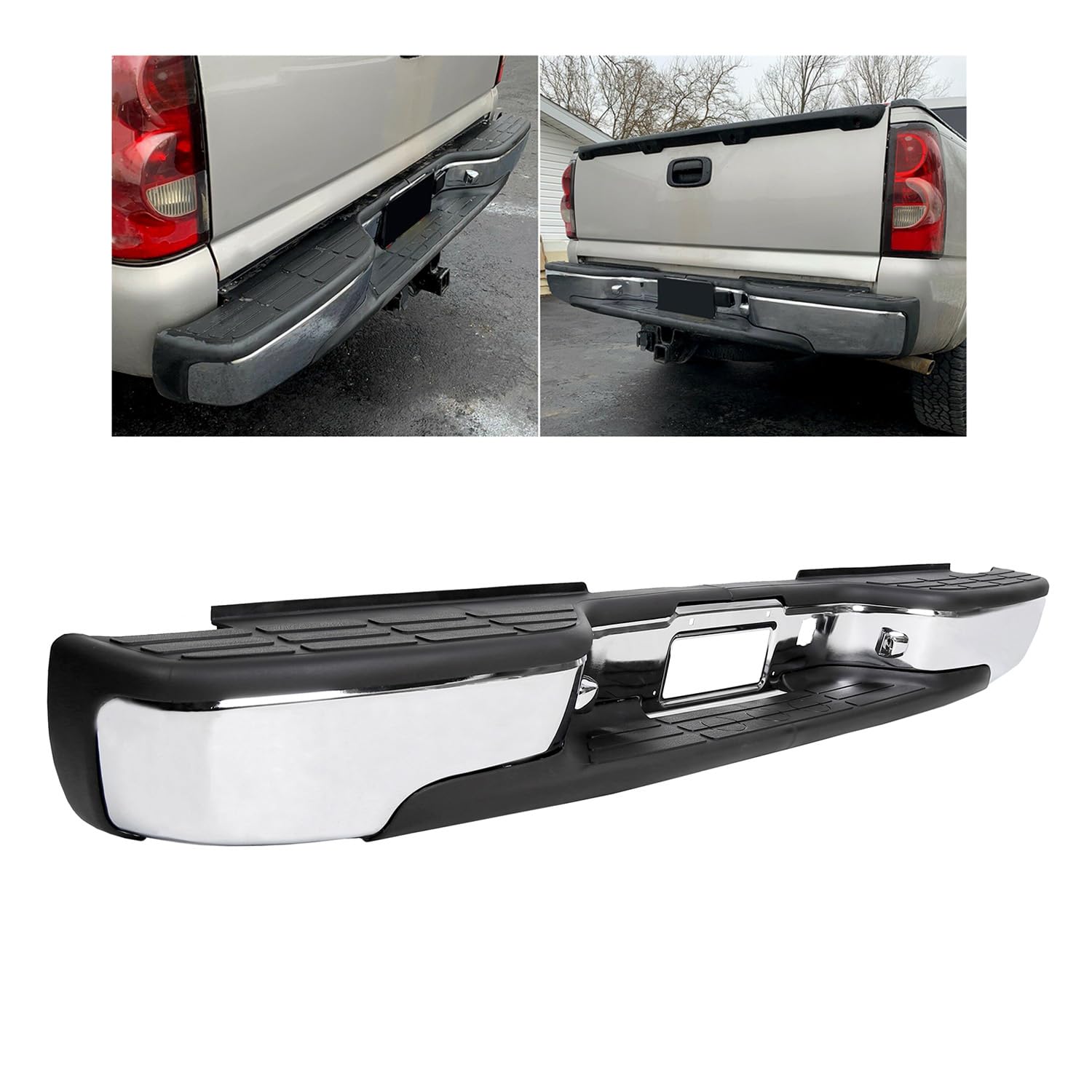 KUAFU Chrome Rear Step Bumper Compatible with 1999-2006 Chevy Chevrolet Silverado GMC Sierra 1500 2500 Steel with License Plate 