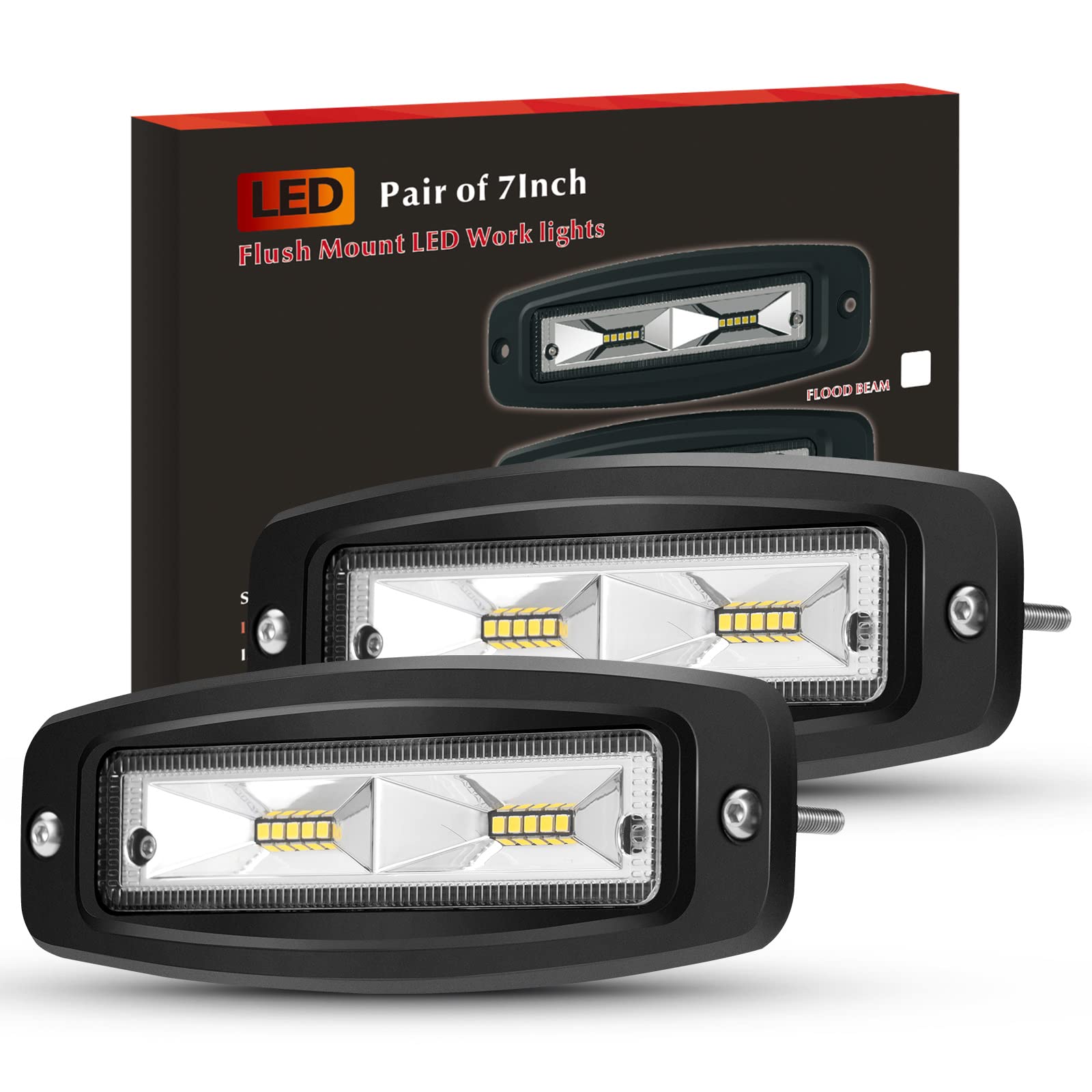 Bunker Indust 7'' Inch Flood Led Light Pods,Pair Flush Mount Led Work Light 4800Lm Light Bar Backup Driving Lights Waterproof Fo