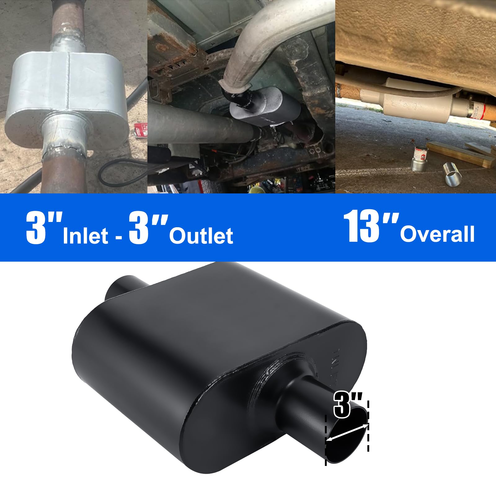 Floshine Universal Mufflers,Performance Automotive Exhaust Muffler,Single Chamber 3 Inch Inlet (Id) 3 Inch Outlet (Id) Black Fh4