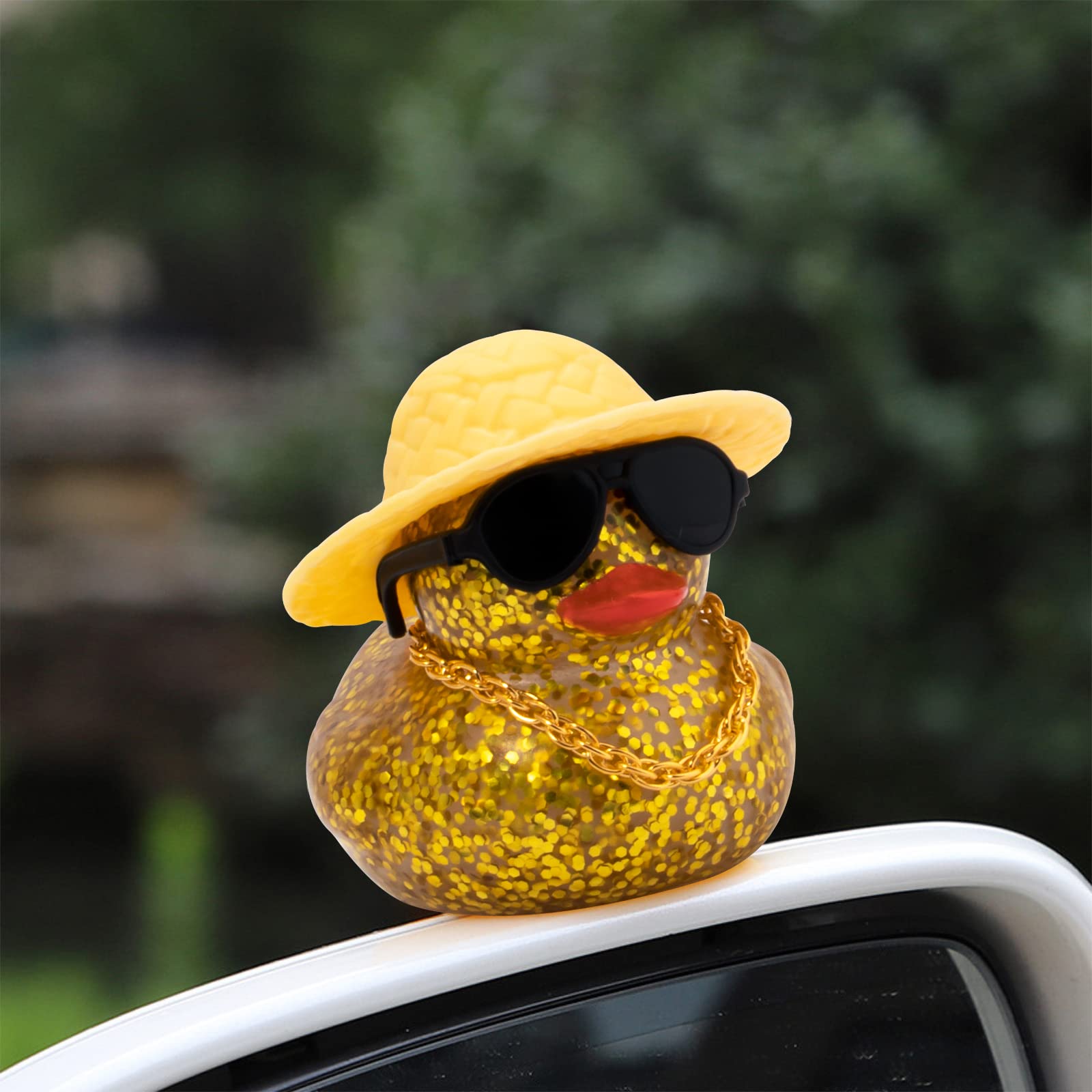 Wonuu Shining Rubber Ducks With Plastic Sunglasses Swim Ring Necklace Hat, Glittering Cute Car Accessories Decor Dashboard Decor