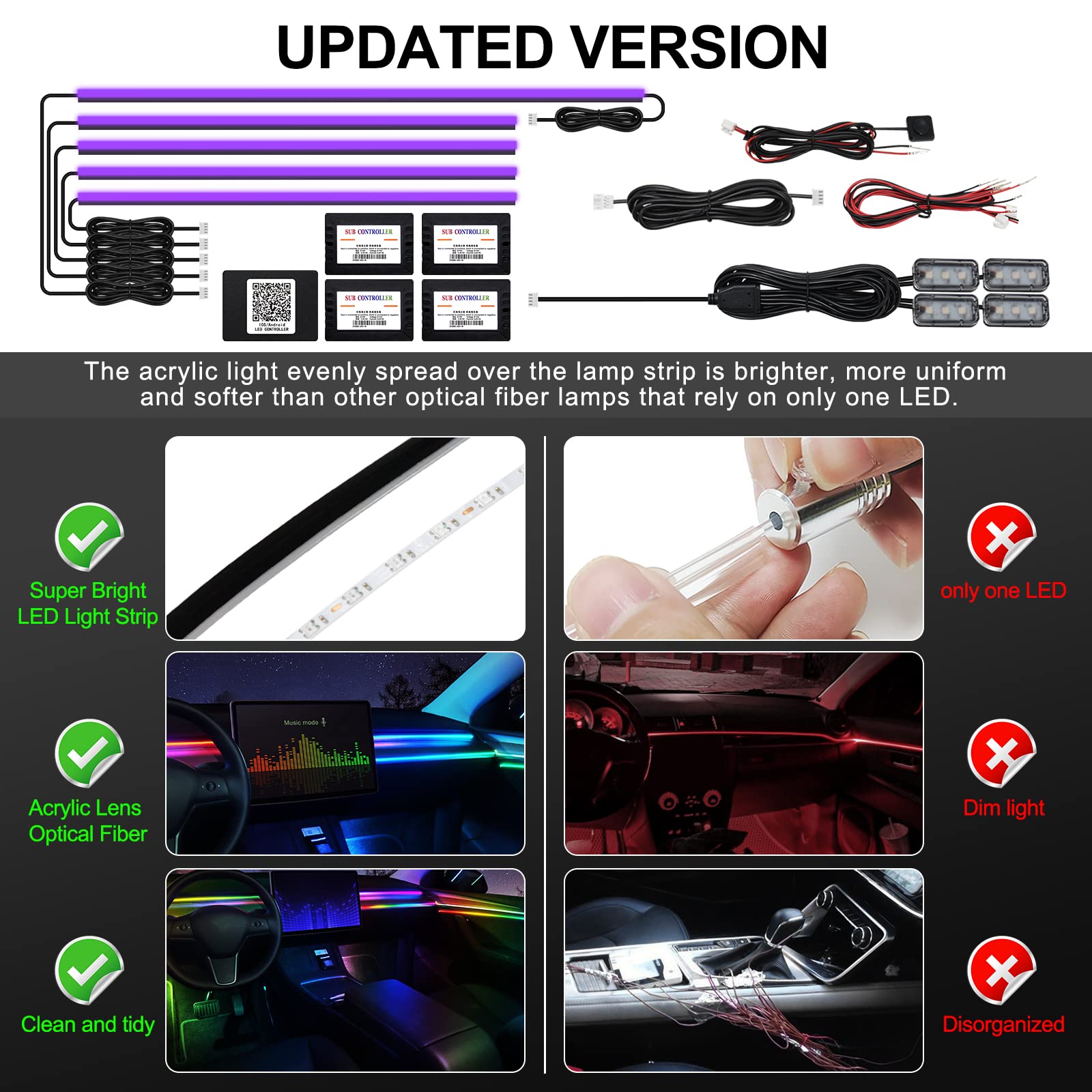 Acrylic Interior Car Led Strip Light With Wireless App, Rgb 10 In 1 With 175 Inches 593 Leds Fiber Optic Ambient Lighting Kits,