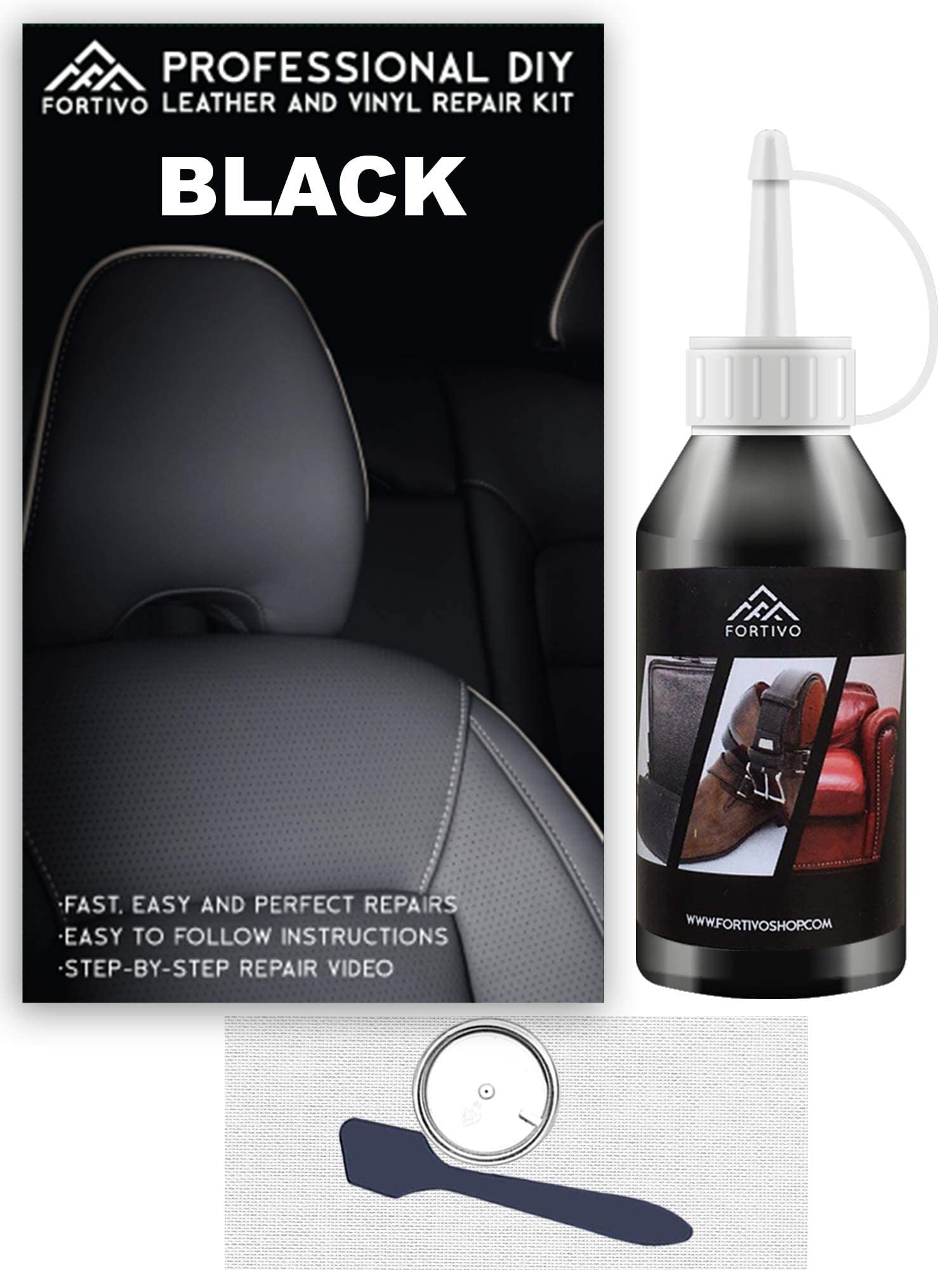 Black Leather And Vinyl Repair Kit - Furniture, Couch, Car Seats, Sofa, Jacket, Purse, Belt, Shoes | Genuine, Italian, Bonded, Bycast, Pu, Pleather |No Heat Required | Repair & Restore