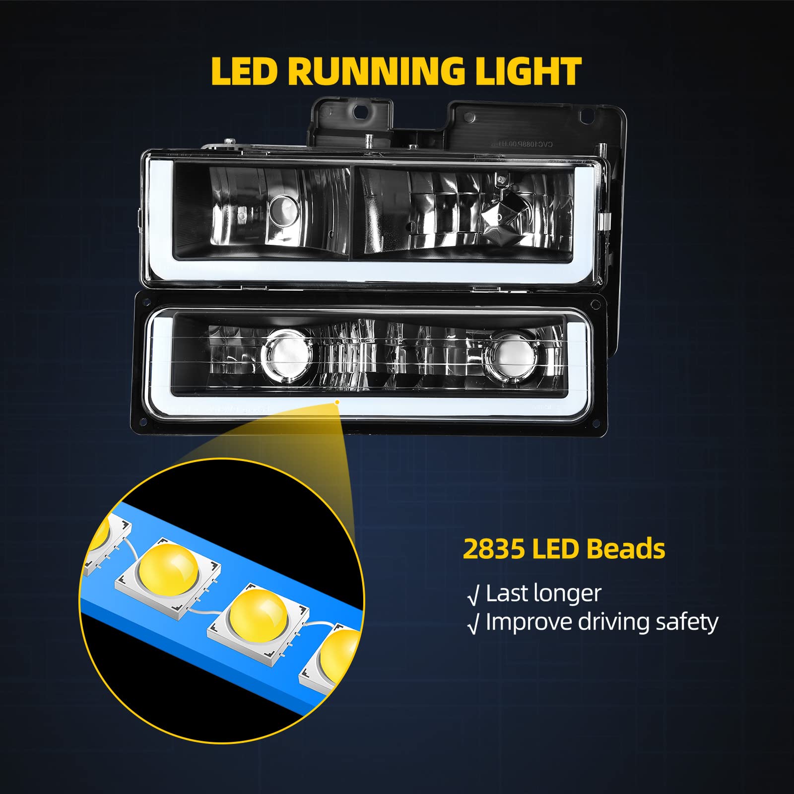 Dwvo Led Drl Headlights Assembly Compatible With 1994 1995 1996 1997 1998 1999 Chevy Silverado Tahoe Suburban C10 C/K 1500 2500 3500 Replacement Headlamp With Corner Light Black Housing