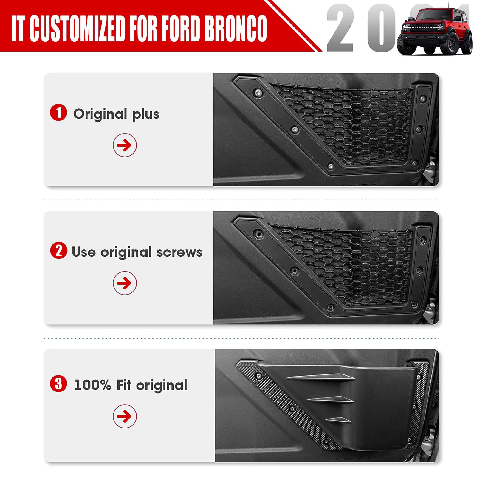 Mabett Front Door Storage Pockets For Ford Bronco Accessories 2021 2022 2023 2024, Side Door Organizer Box Fit Bronco 2/4-Door, Insert Cup Holder(2Pcs)