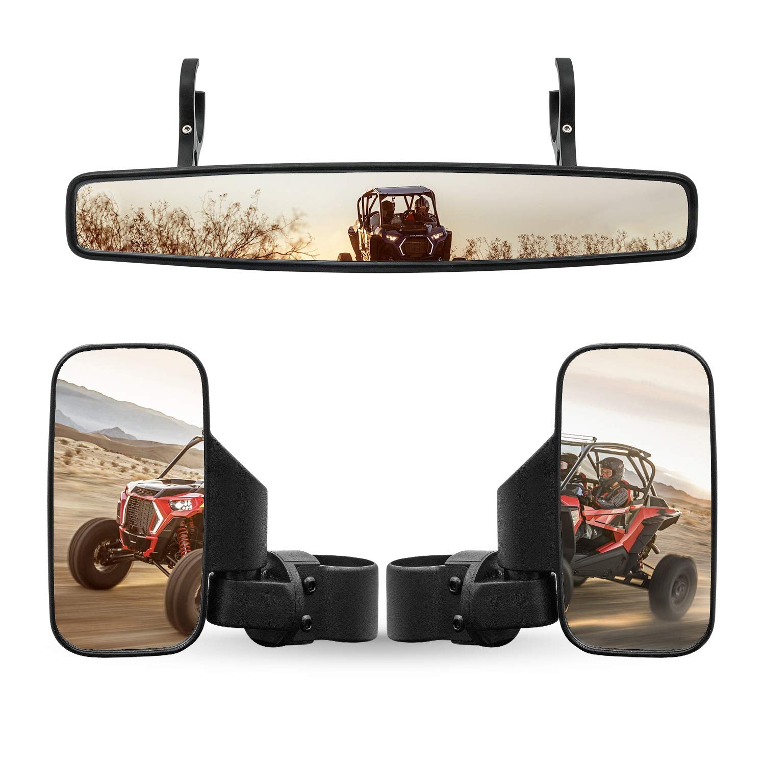 RANSOTO UTV Offroad Side Rear View Mirror And Center View Mirror With 1.75'' to 2'' Roll Bar Cage Mount Compatible With Polaris 