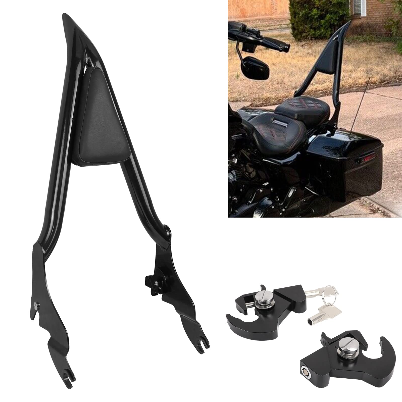 AUFER 28'' Motorcycle Rear Passenger Backrest Sissy Bar With Pad Locked Rotary Docking Latches Clips With Keys Compatible With F