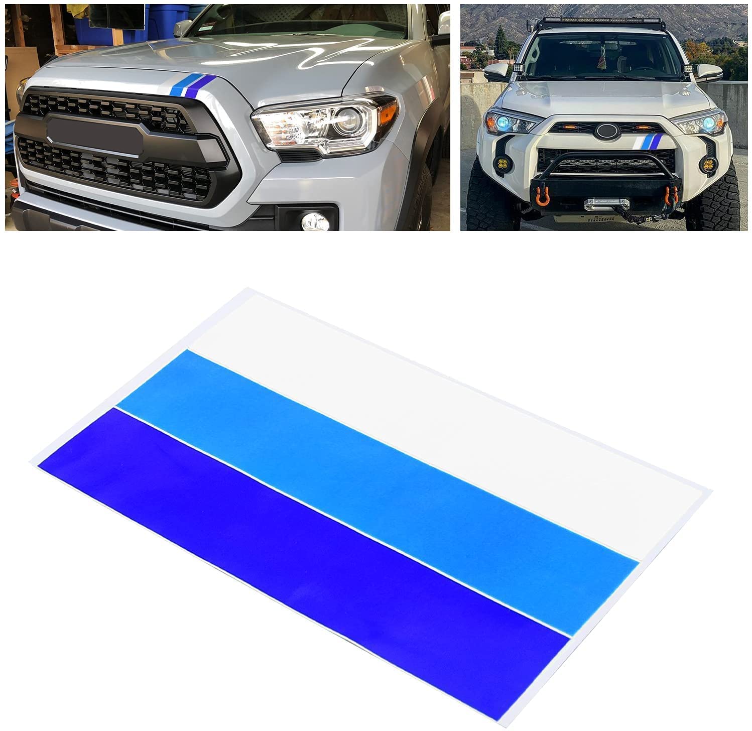 Mochent 2 Pcs Classic Retro Style Tri-Color Stripe Decal Sticker For Toyota Tacoma 4Runner Tundra Accessories, Decoration Grille Fender Hood Side Skirt Bumper Dashboard (White/Blue/Dark Blue)