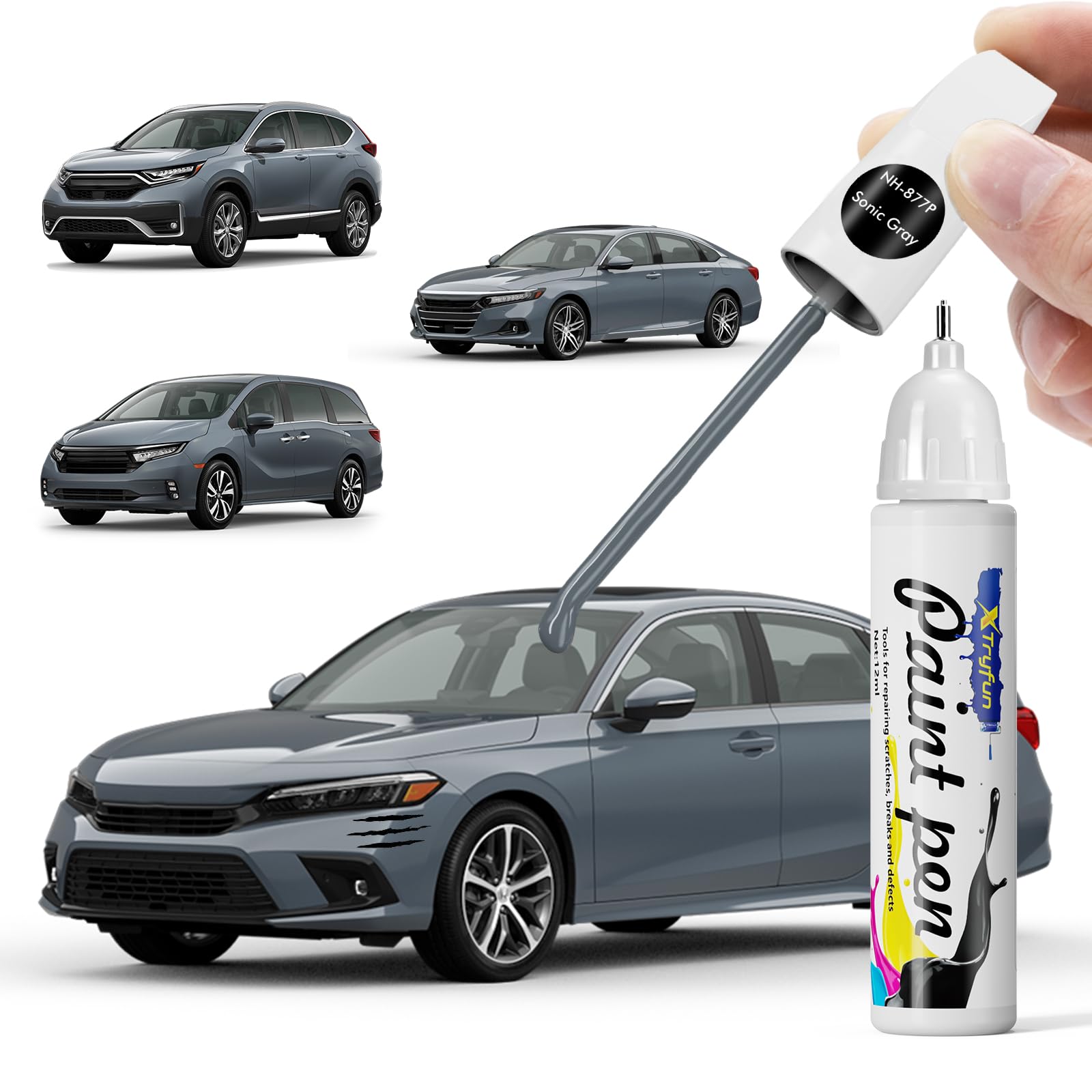 XTryfun NH877P Sonic Gray Touch Up Paint Compatible with Honda, DIY Car Paint Scratch Repair, Automotive Paints, Quick & Easy Fi