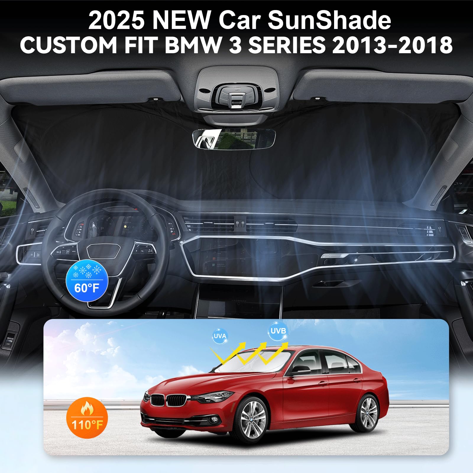 BOODANCARS Red Windshield Sun Shade for BMW 3 Series 2013-2018 F30 F31 F80 M3 328i 335i 320i 330i