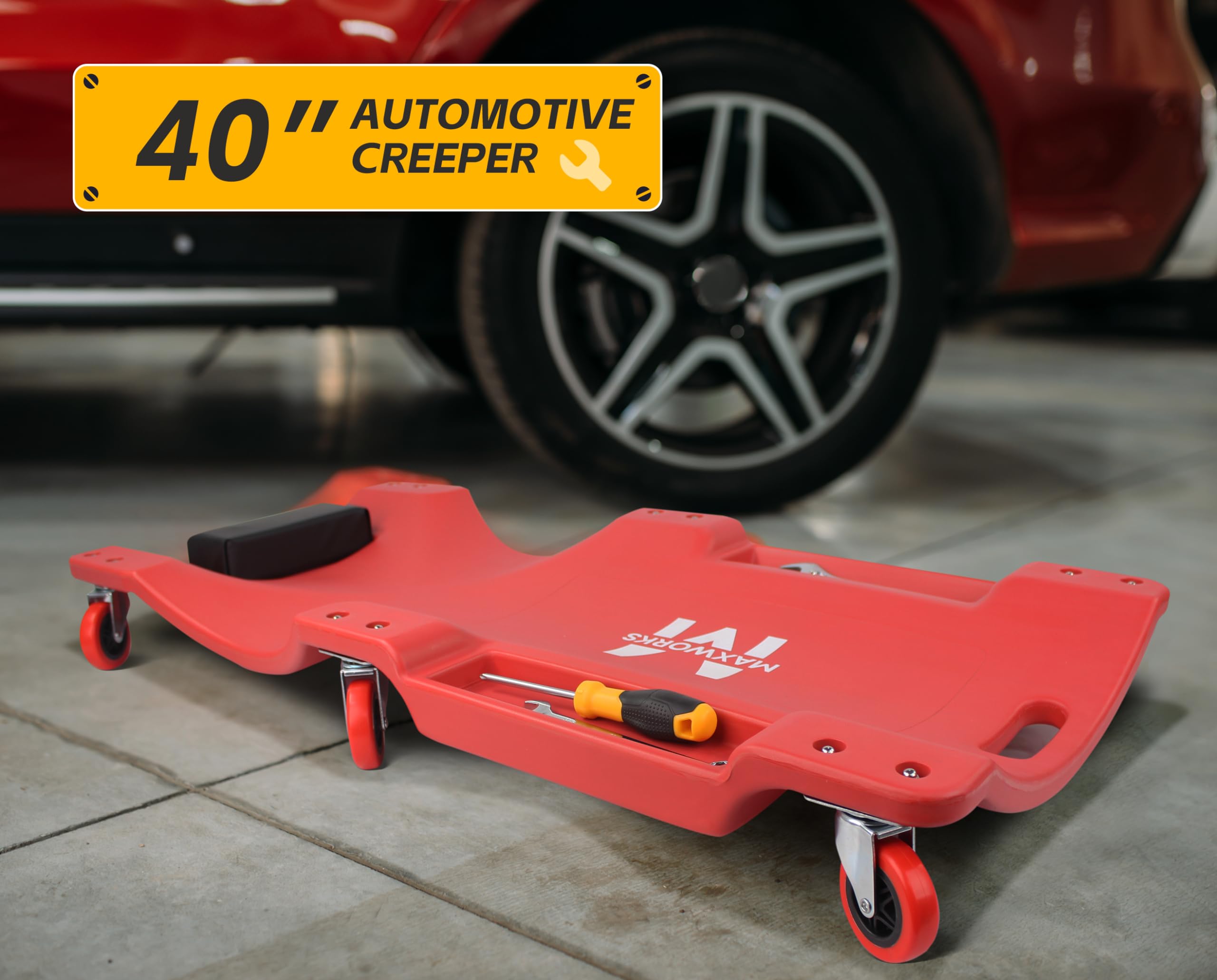 MAXWORKS 50874 40 Inch Plastic Rolling Garage Creeper with Padded Headrest and Dual Tool Trays, 300 Lbs