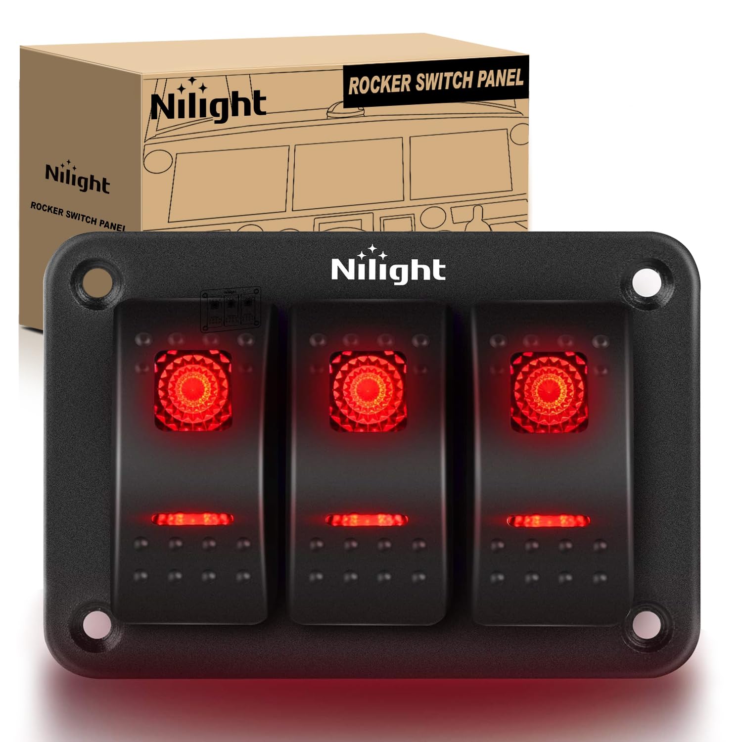 Nilight - 90019C 3 Gang Aluminum Rocker Switch Panel Toggle Dash 5 Pin On/Off Pre-Wired Rocker Switch Red Backlit Switch For Aut