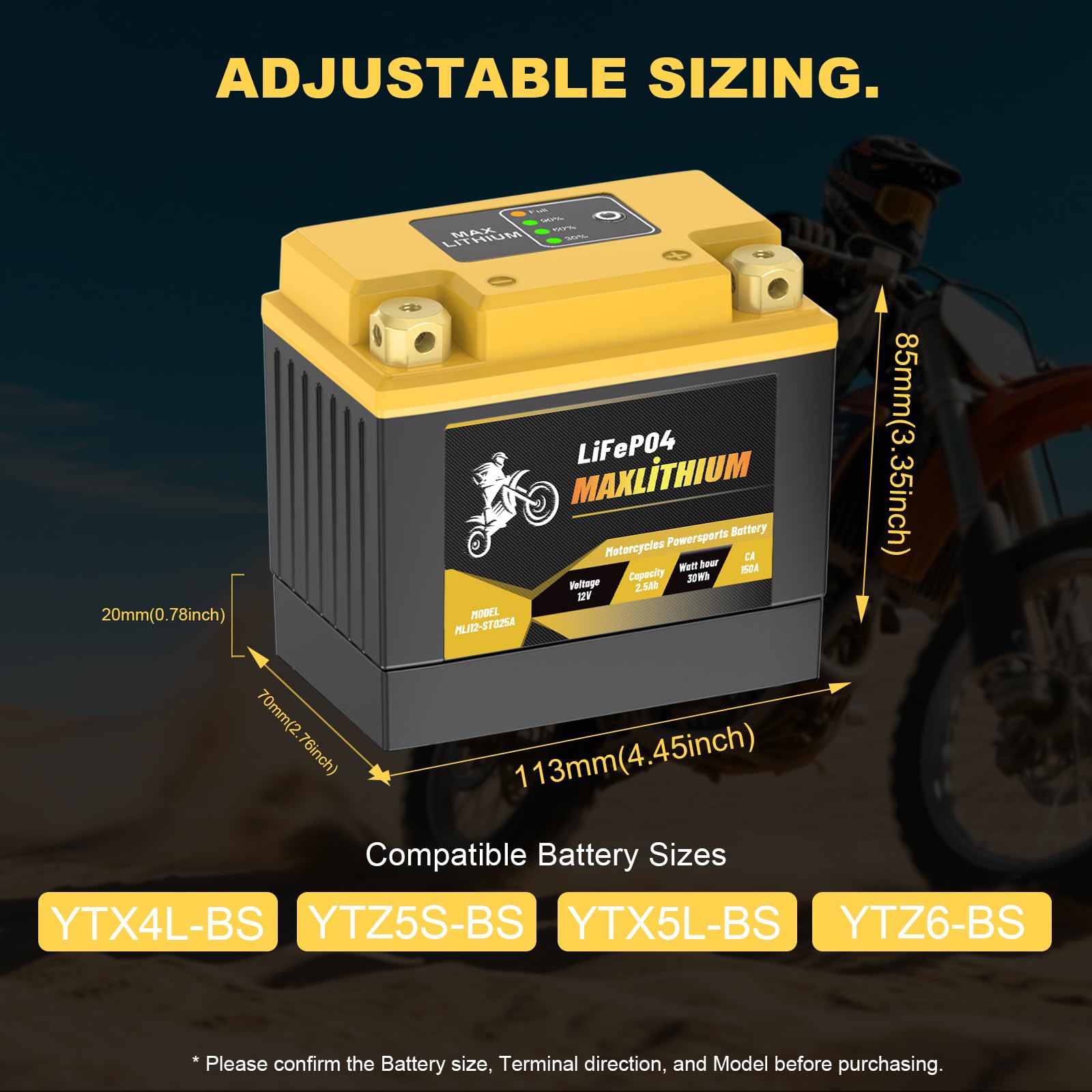 Maxlithium 2.5Ah 210CA 12V Motorcycle Lithium Battery - Perfect Replacement for YTX4L-BS/YTX5L-BS/YTZ6-BS/YTX7L-BS, High-Rate Ce