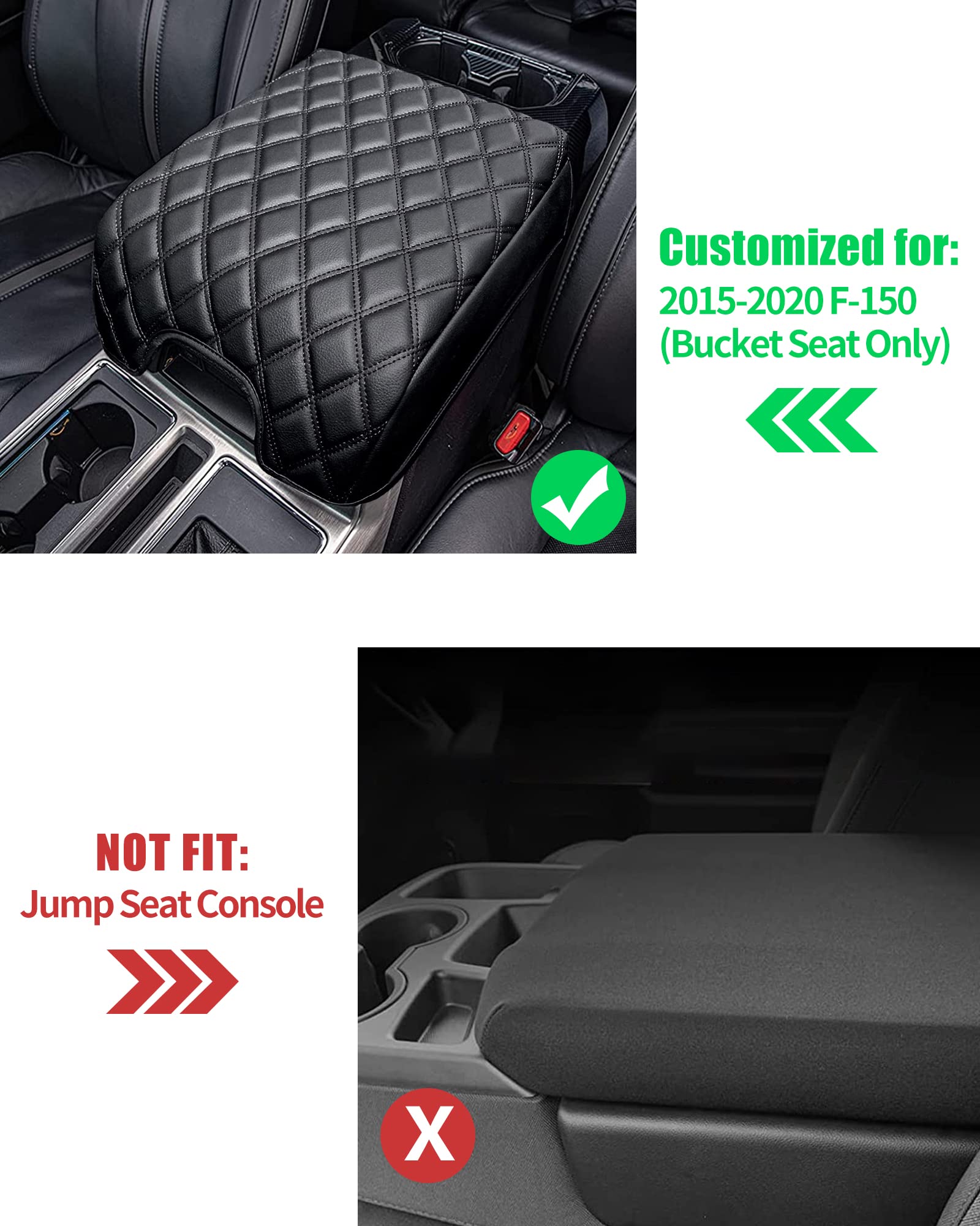 Center Console Cover Armrest Lid Cover Compatible With Ford F150 F250 F350 F450 Expedition, Arm Rest Cover Pad Leather Middle Console Lid Only For Bucket Seat Console (15-20 F150 Bucket Seat)