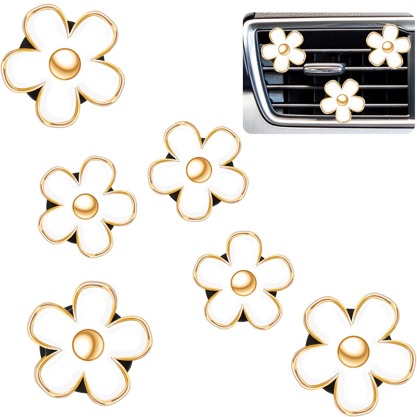 6 Pcs Daisy Flower Air Vent Clip Air Conditioning Outlet Clip Car Air Freshener Clip Charm Car Inter Decor Accessories (White,3