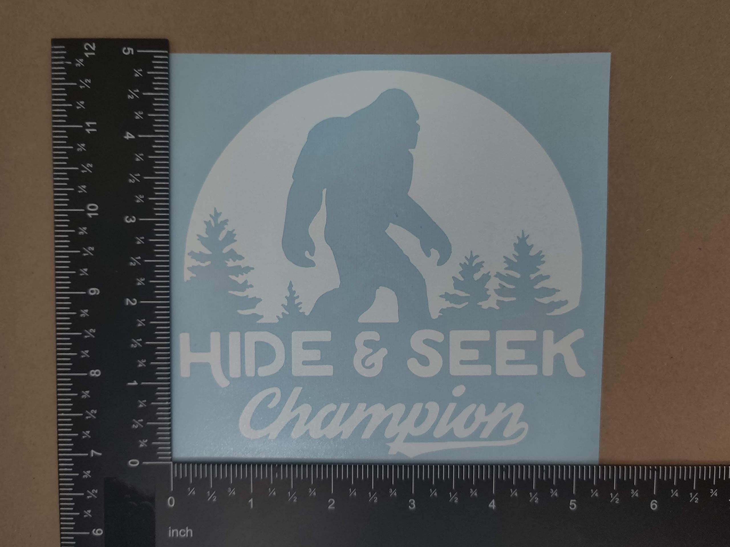 Sasquatch, Bigfoot, Hide And Seek Champion Decals (White, Large ~5'')