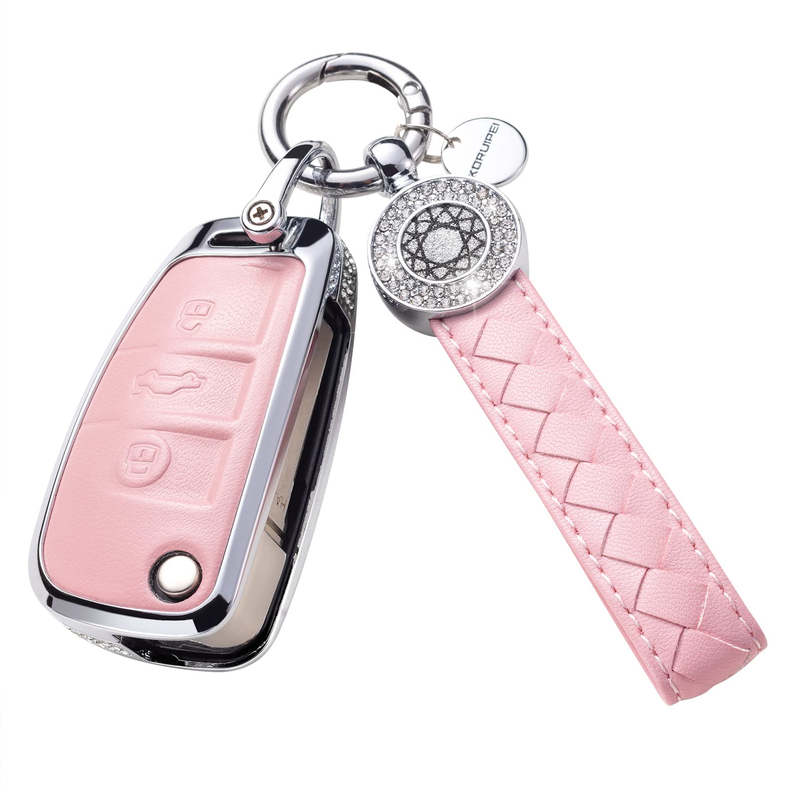Ruabiban Compatible With Audi Key Fob Cover, Pink Genuine Leather Crystal Key Case Protection Shell For A1 A3 Q3 Q7 R8 A6L Tt Sm