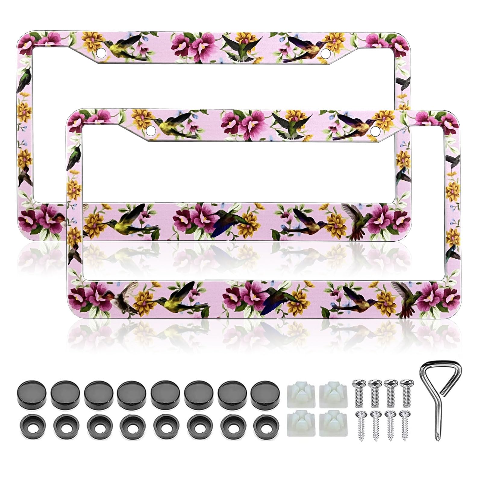 LIN KANG Florals Hummingbird License Plate Frames - 2 Pack Personalise Pink Car Plate Frame Universal Accessories Aluminum Car T