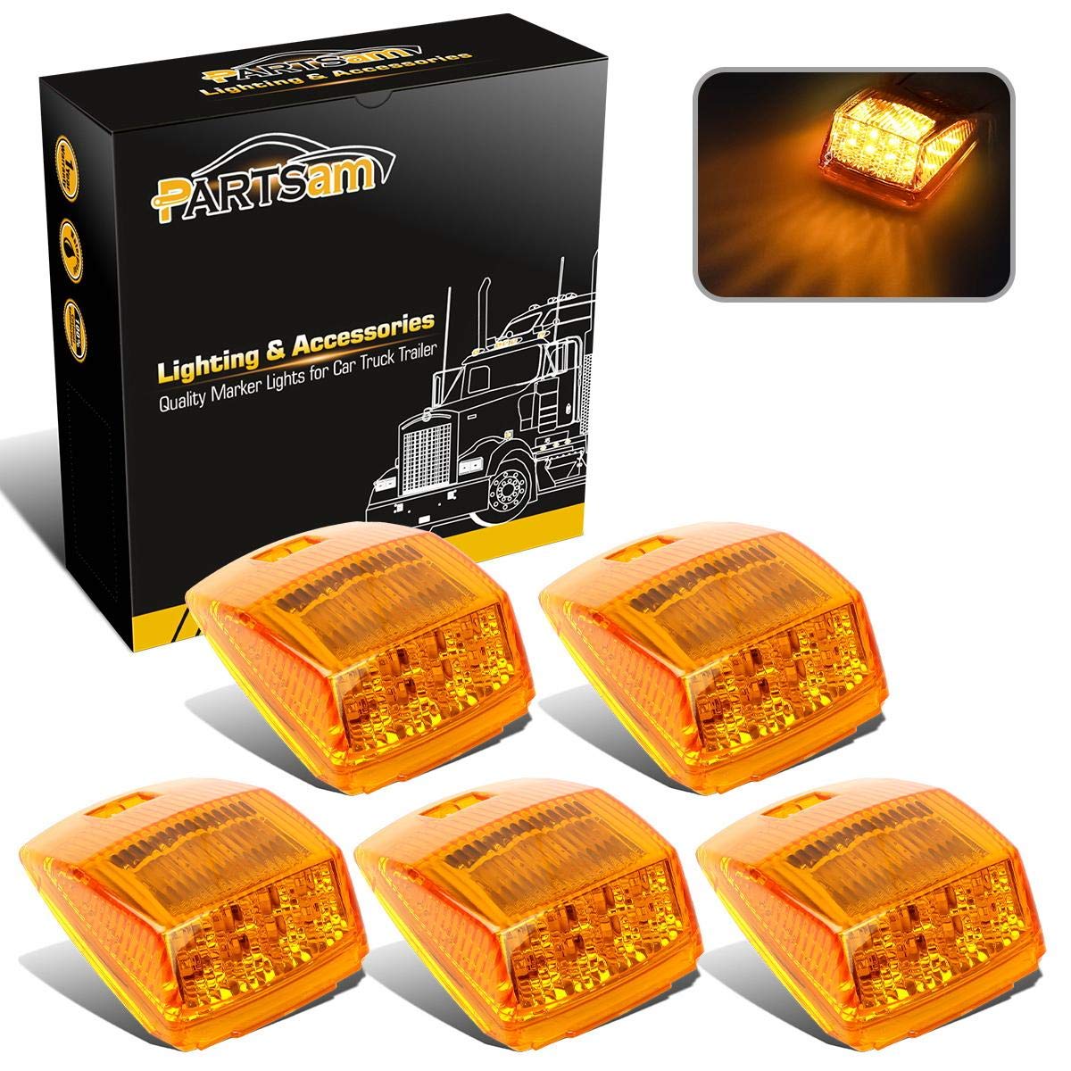 Partsam 5X Super Bright Amber Yellow 17Led Cab Marker Top Roof Lights Assembly Compatible With Kenworth/Peterbilt/Freightliner/M