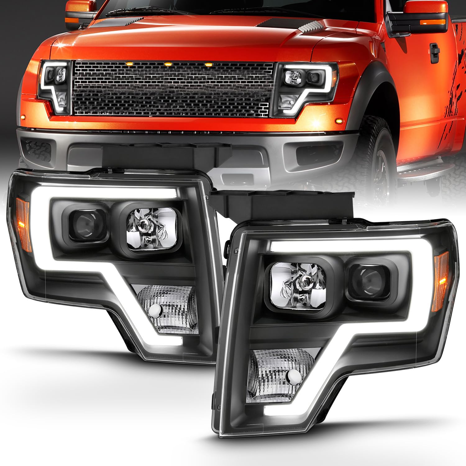 Amerilite For 2009-2014 Ford F150 Truck Led Bar Square Projector Halogen Black Headlights Set High/Low Beam Bulb Included - Driv