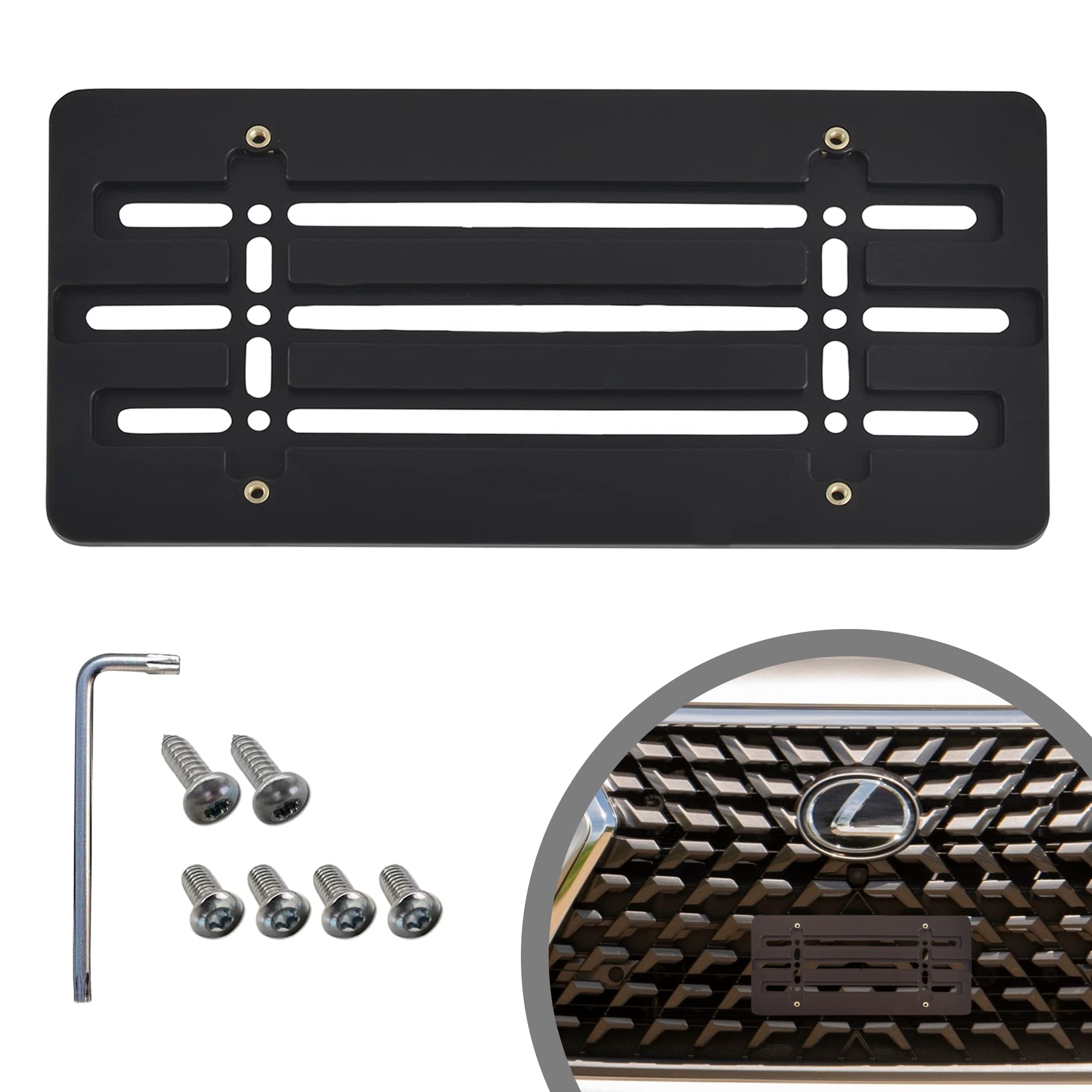 Front Bumper License Plate Bracket for Lexus 2000-2023, Plate Holder Set w 6 Unique Screw Bolts & Wrench Kit, License Tag Mounti