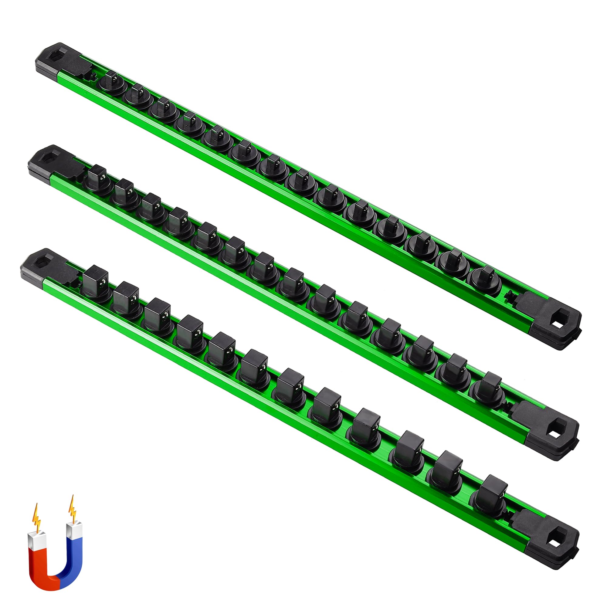 ALOANES 3-Piece Magnetic Socket Organizer, Heavy Duty Aluminum Rails With 360 Swivel Clips, Holder Kit for Tool Box, 1/2, 3/8, 1