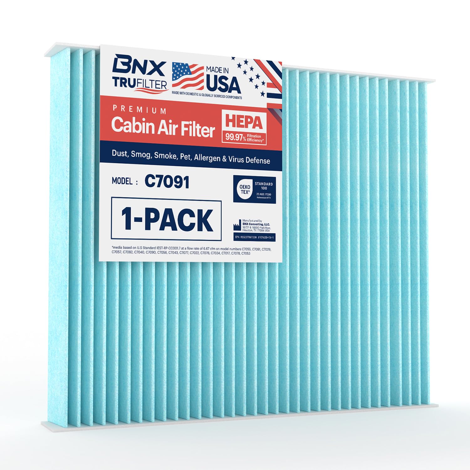 Bnx Trufilter C7091 Cabin Air Filter, Hepa 99.97%, Made In Usa, Compatible With Select Chevrolet: Silverado, Impala, Cruze, Mali