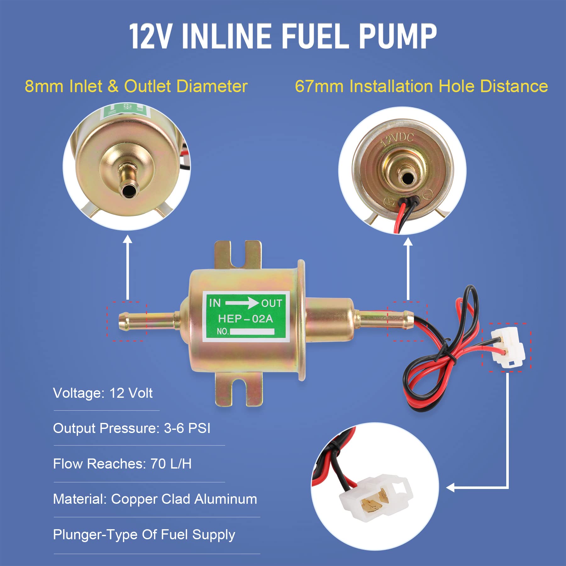 Universal Electric Fuel Pump Kit 12V 3-6 Psi Low Pressure With Fuel Filters 10 Hose Clamps 6.56 Ft 5/16'' Id Fuel Line Replaceme