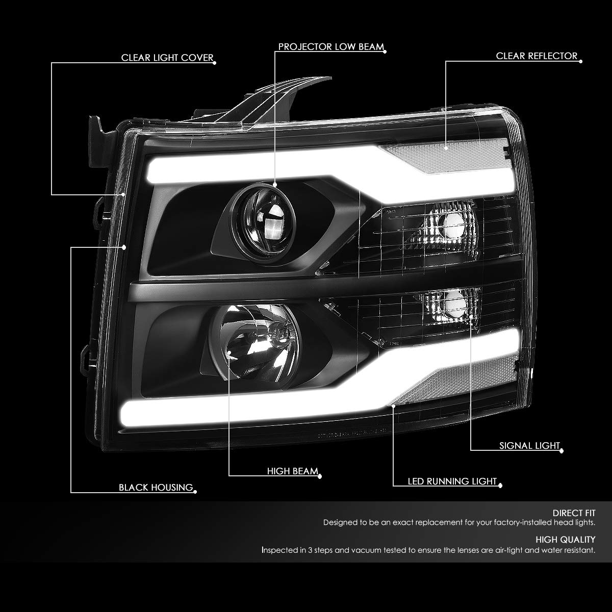 Dna Motoring Hl-Hpl-Csil07-G2-Bk-Cl1 Dual Led Drl Projector Headlight/Lamp (For 07-14 Chevy Silverado)