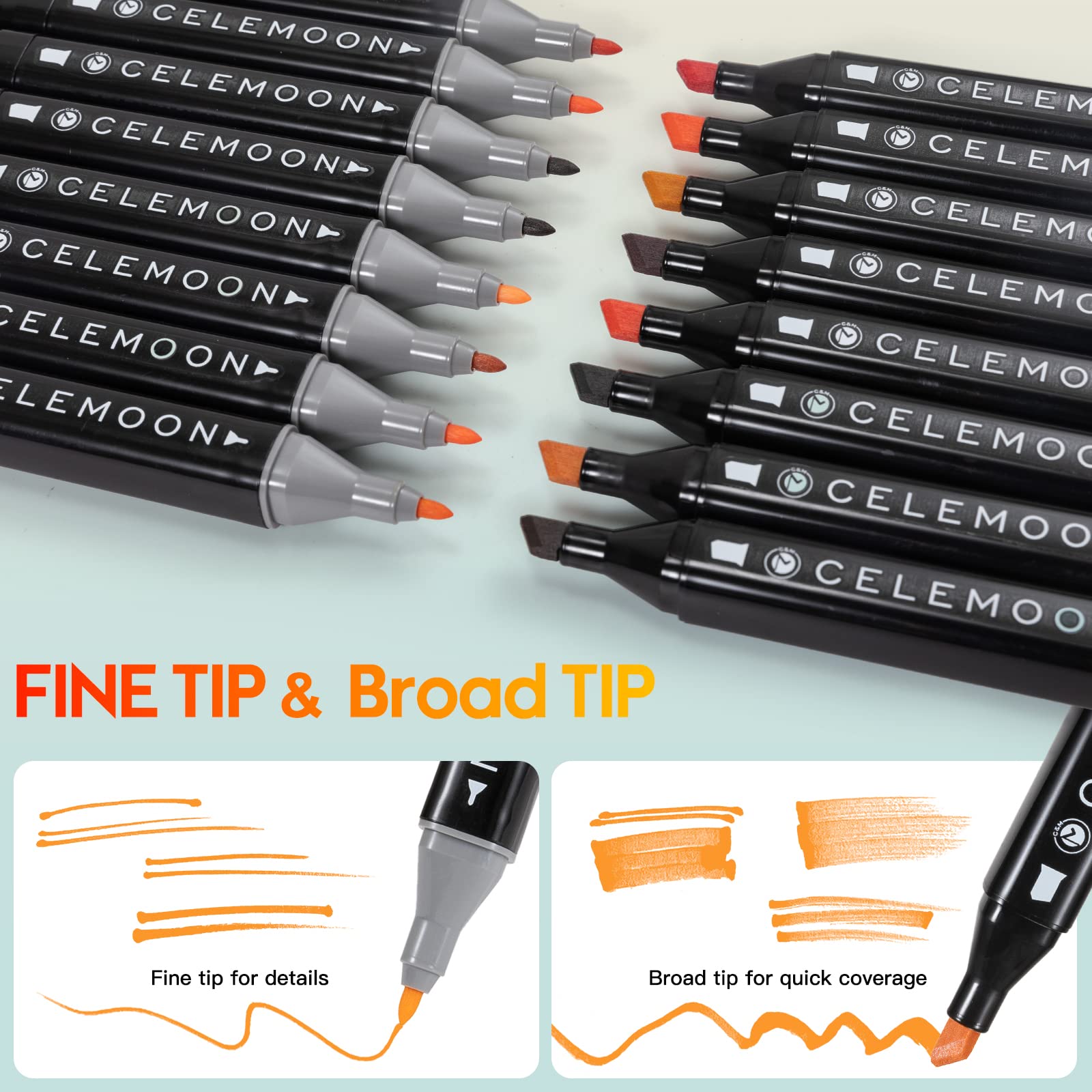 CeleMoon Dual Tip Alcohol Markers - 36 Skin Tone Colors, Fine & Broad Chisel, Sketch Art Pens for Drawing & Illustration