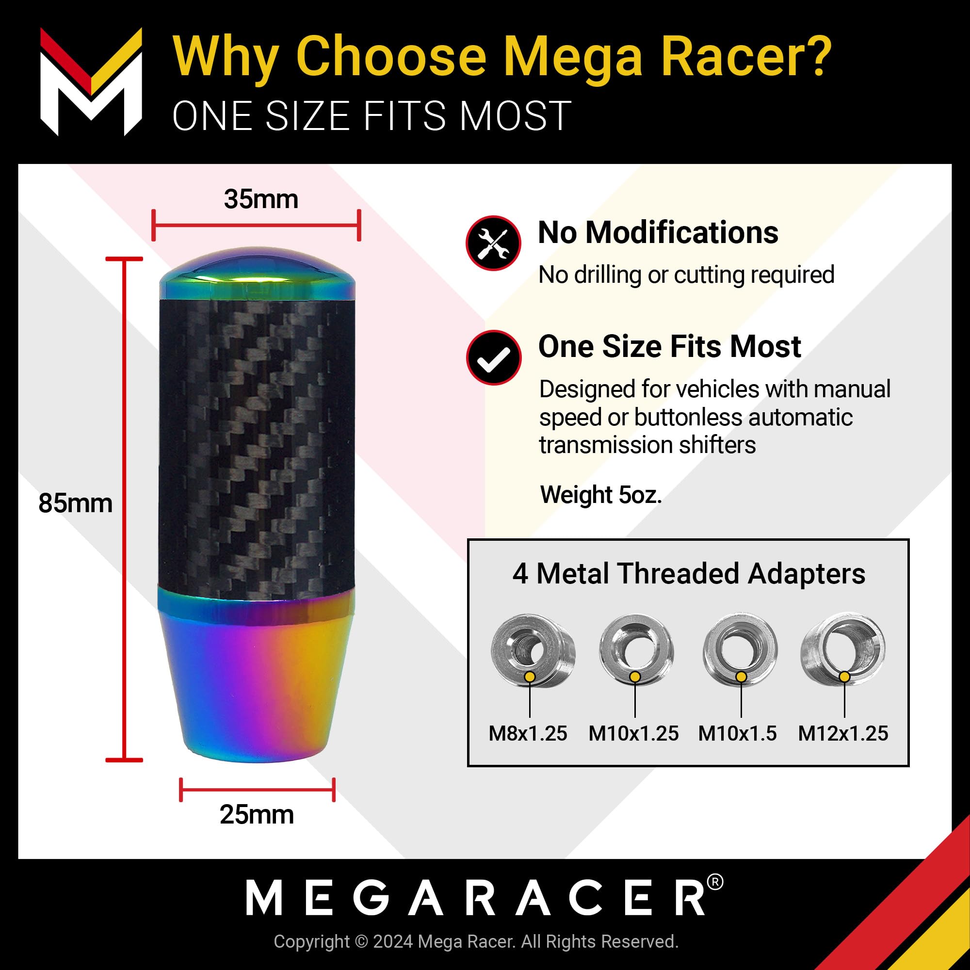 Mega Racer Neo Chrome Carbon Fiber Shift Knob | Buttonless Automatic Manual Shift Knobs | Car Gear Shifter | 6 Speed 4 5 Speed |