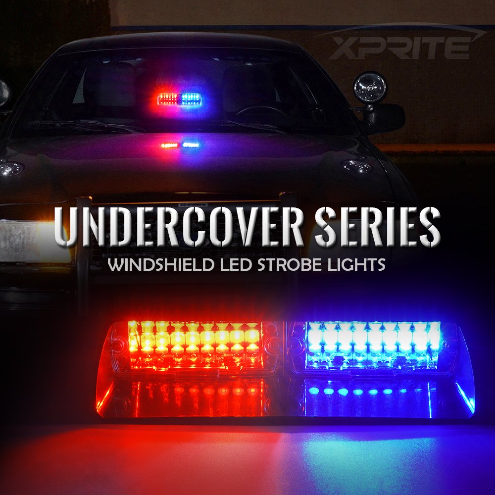 Xprite Red Blue Led Emergency Dash Strobe Light, Interior Windshield Safety Warning Police Lights W/Suction Cups, 12V Windshield