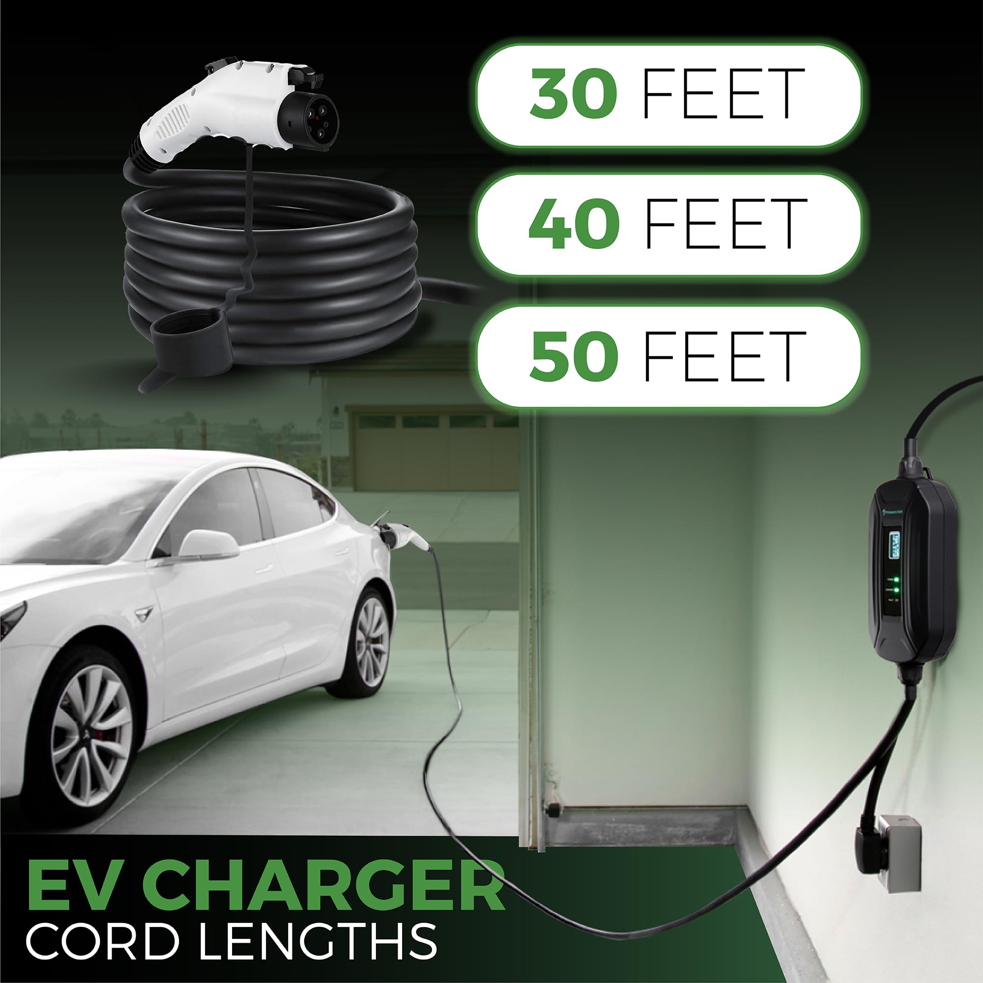 Primecom Level 2 Electric Vehicle (Ev) Charger (220V / 240Volt, 16Amp) Portable Evse Smart Electric Car Charger, 30', 40', And 50 Feet Lengths (Nema 14-50P, 50 Feet)