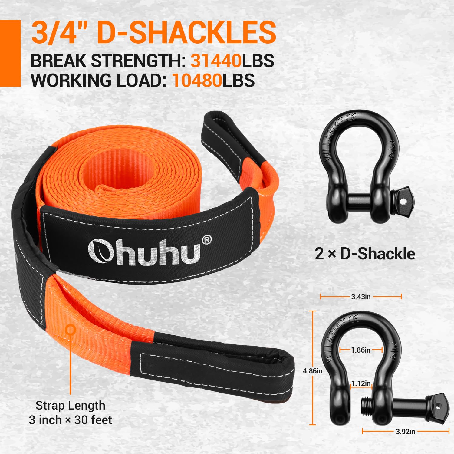 Ohuhu Heavy Duty Tow Straps Recovery Kit 3'' X 30Ft, 31,944 Lbs Break Strength, Triple Reinforced Loop, Protective Sleeves, Tow