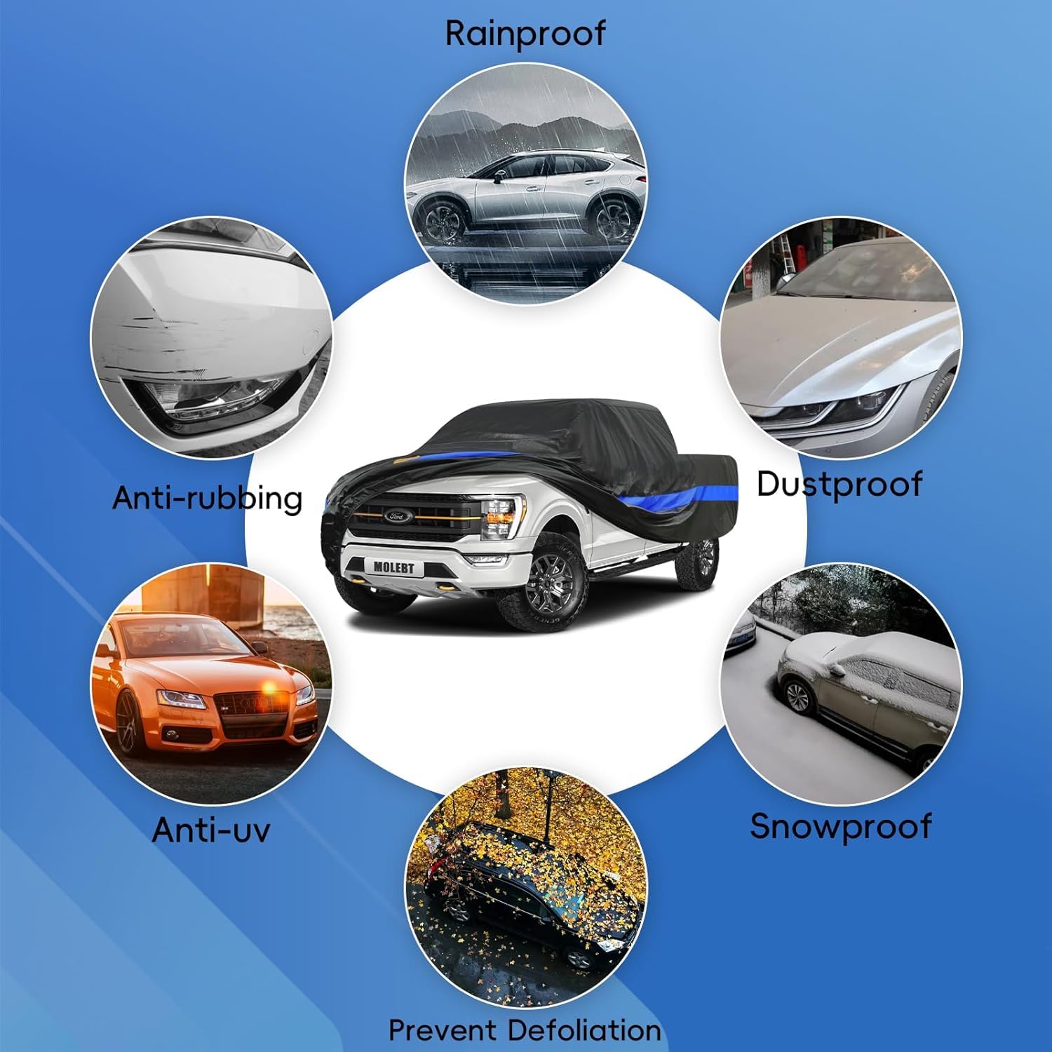 Molebt Pickup Truck Cover Waterproof All Weather, Full Exterior Truck Car Covers Snow Sun Protection, Fit Ford F-150 250 350, Gm