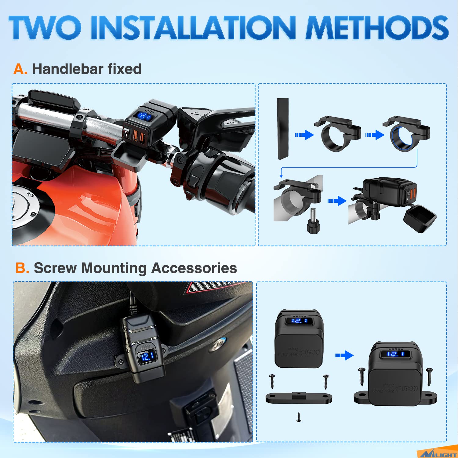 Nilight Motorcycle Charger With 12V Voltmeter Independent On Off Switch Sae Usb Adapter Inline 10A Fuse Waterproof 6.8A Dual Qc3