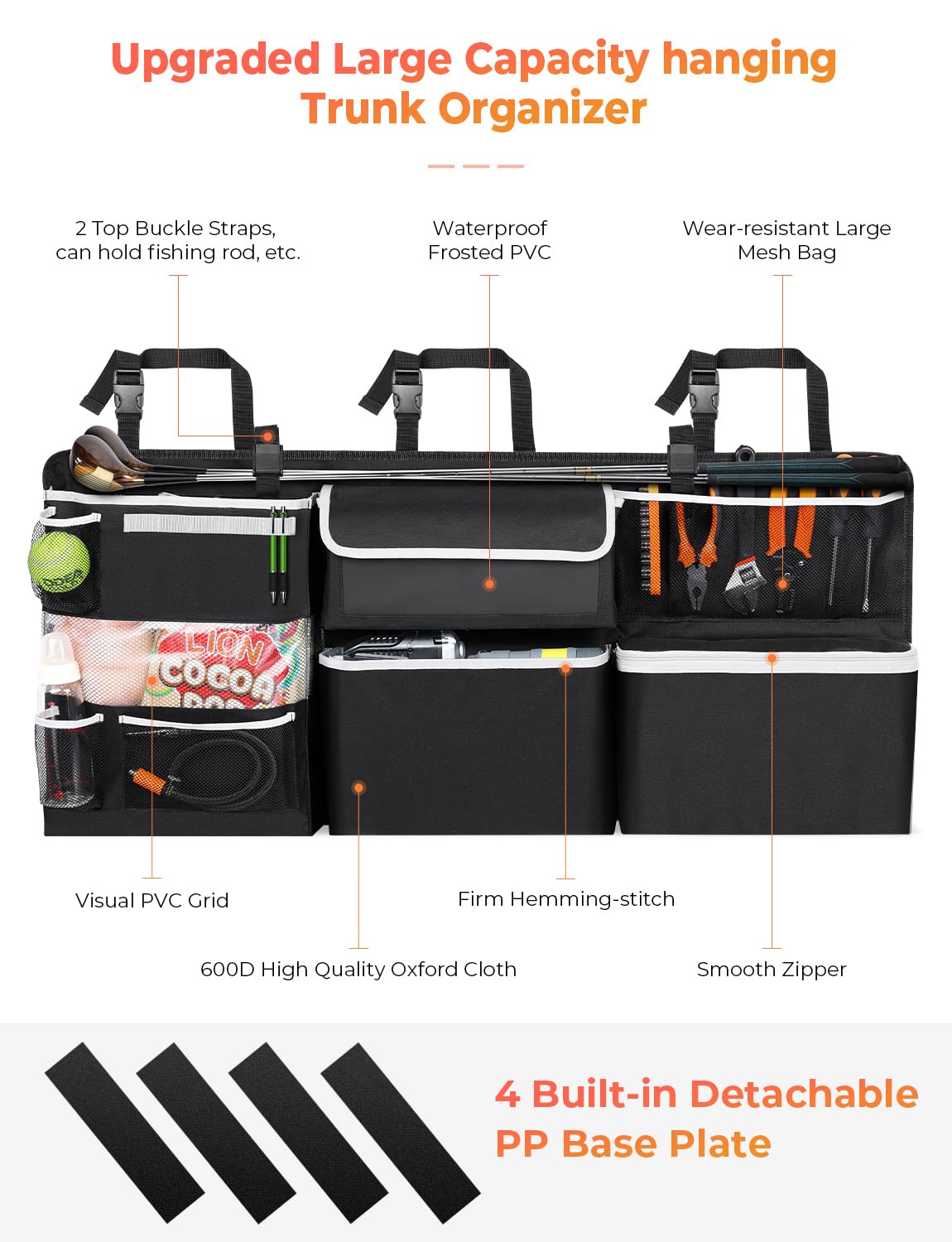 Oasser Large Black Car Storage Organizer - Hanging Trunk Organizer with 10 Functional Storage Bags for SUV, Truck, MPV, VAN