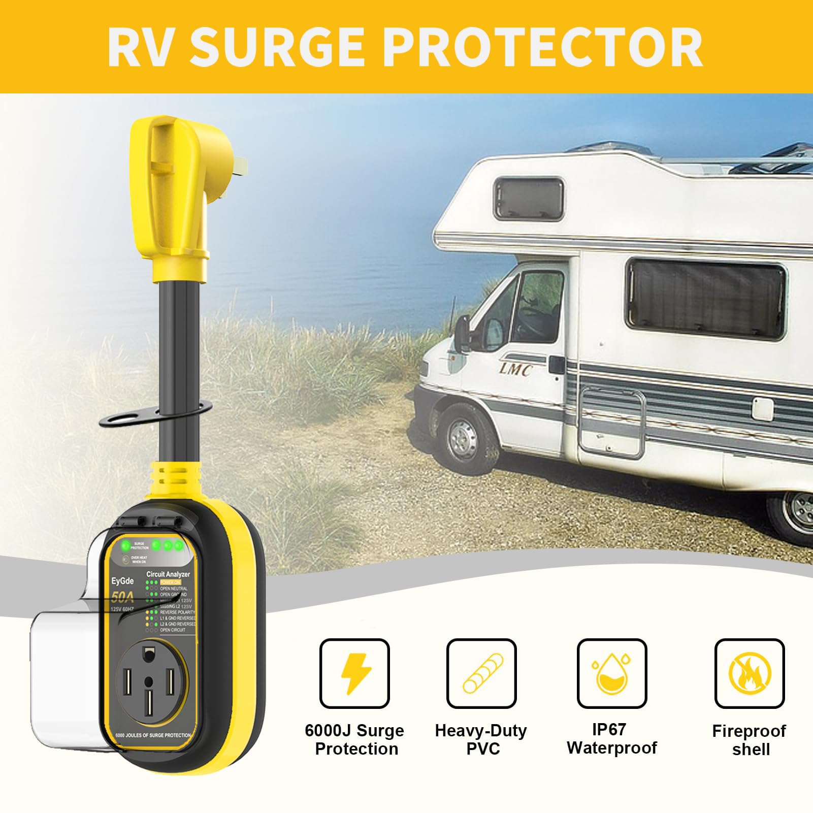 Eygde Rv Surge Protector 50 Amp Waterproof - 50A Rv Analyzer Voltage Protection Power Guard For Camper Travel Trailer, Yellow